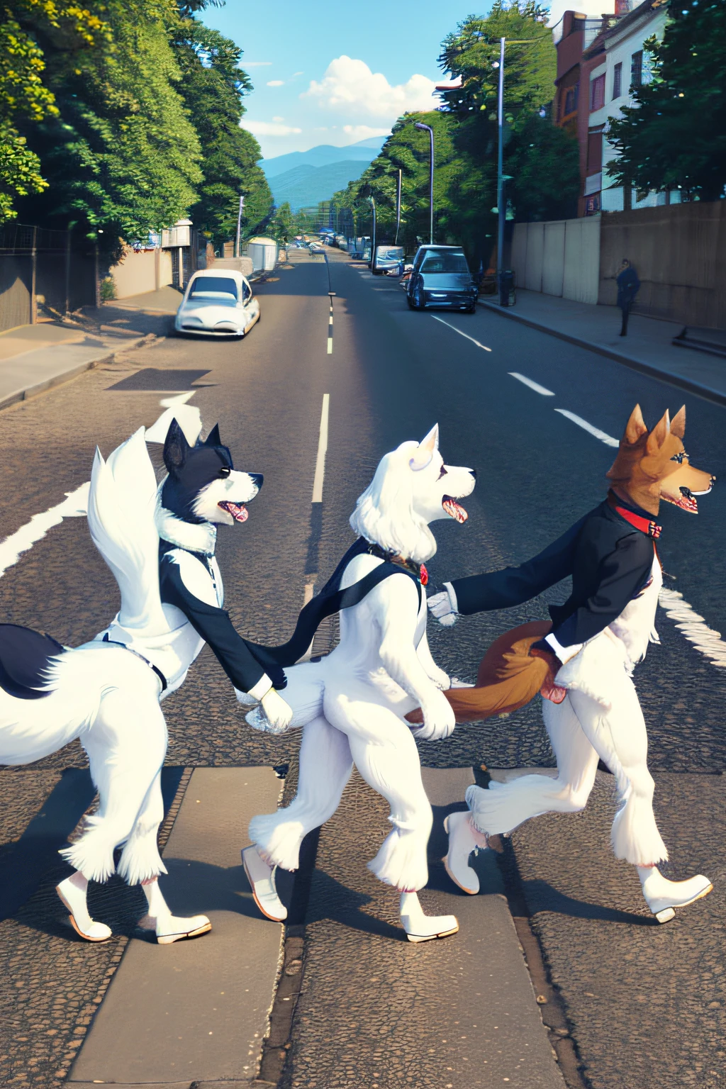 Four dogs walking sideways on a famous Beatles Abbey Road walkway, silhueta preto e branco