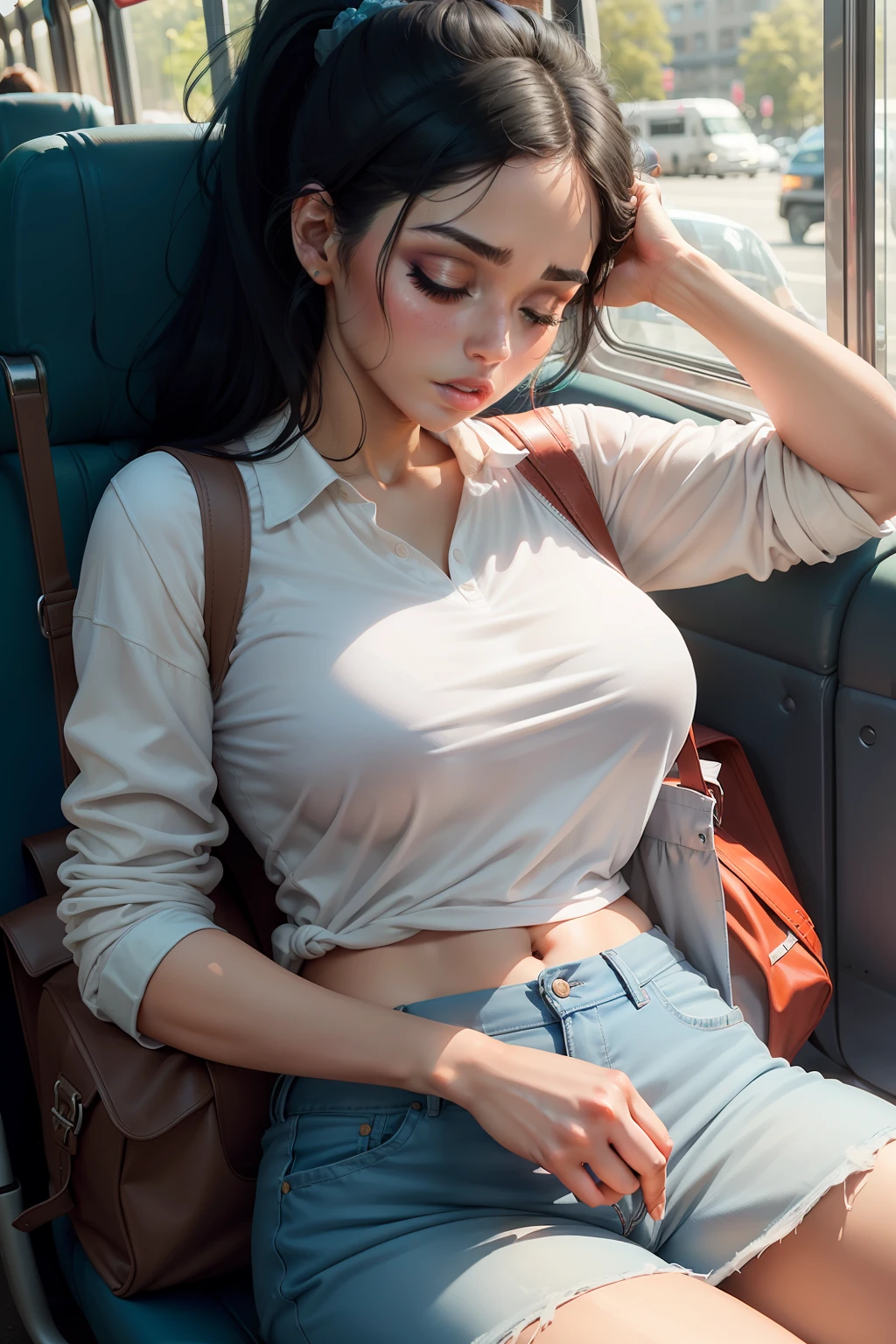 1 beautiful woman, large body, eyes closed, Latina female, face makeup, all hair tied back, bare forehead, long eyelashes, false eyelashes, short ponytail, black hair, eyelid makeup, eyelids outlined with makeup, white polo shirt with a neckline, light blue jeans, jean jacket over the polo shirt, sneakers, blue handbag on her lap, asleep with her mouth open, asleep leaning on the bus seat, hands in her lap, mouth wide open, nodding.