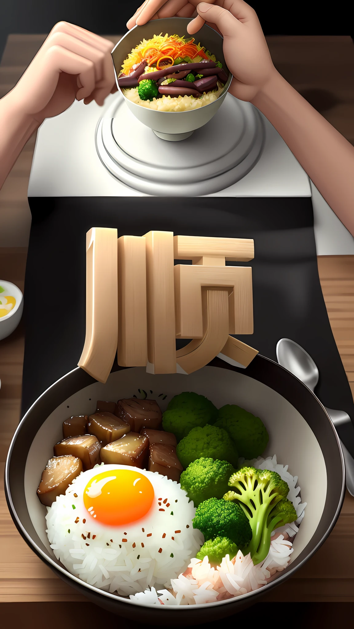 Dog eating, animation, high quality, high resolution, rice bowl, fried egg, braised pork, diced radish, beans, rice, broccoli