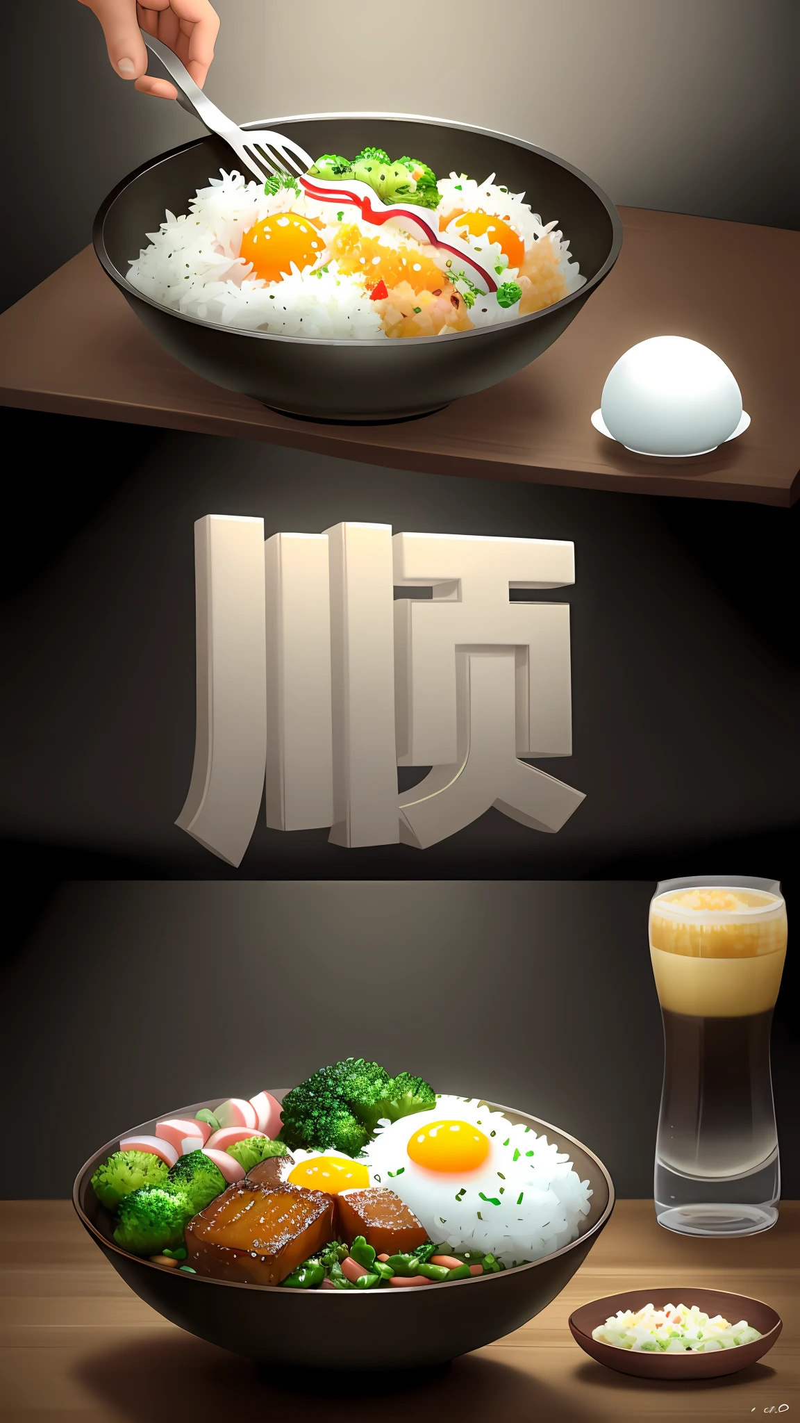 Dog eating, animation, high quality, high resolution, rice bowl, fried egg, braised pork, diced radish, beans, rice, broccoli