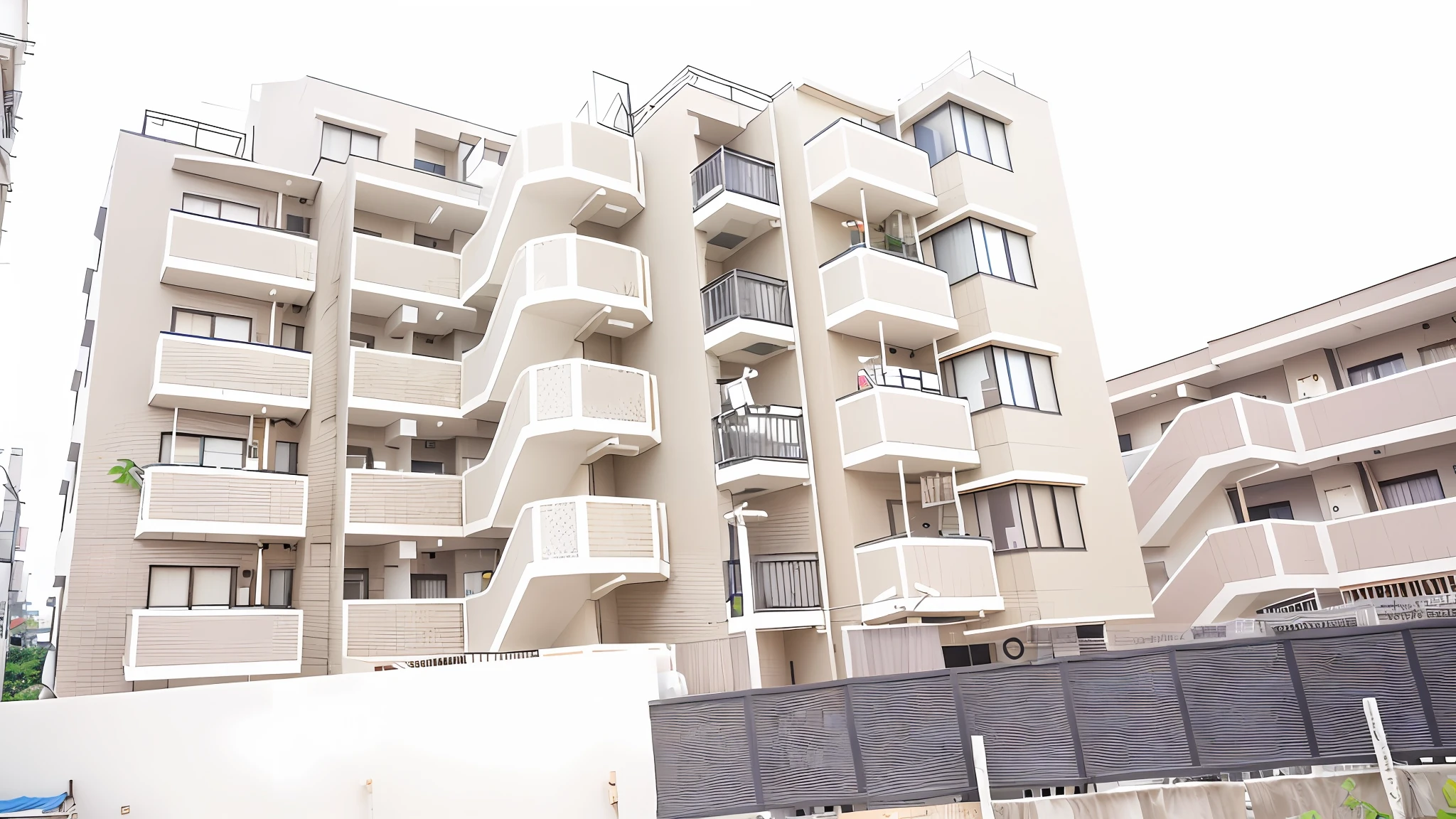 There is a skyscraper with a balcony on it, full building, Residential area, the neat and dense buildings, in a japanese apartment, single building, Balcony with crenel, white building, balconies, outside view, with an intricate!!, highrise buildings, apartment complex made of tubes, arhitectural shot