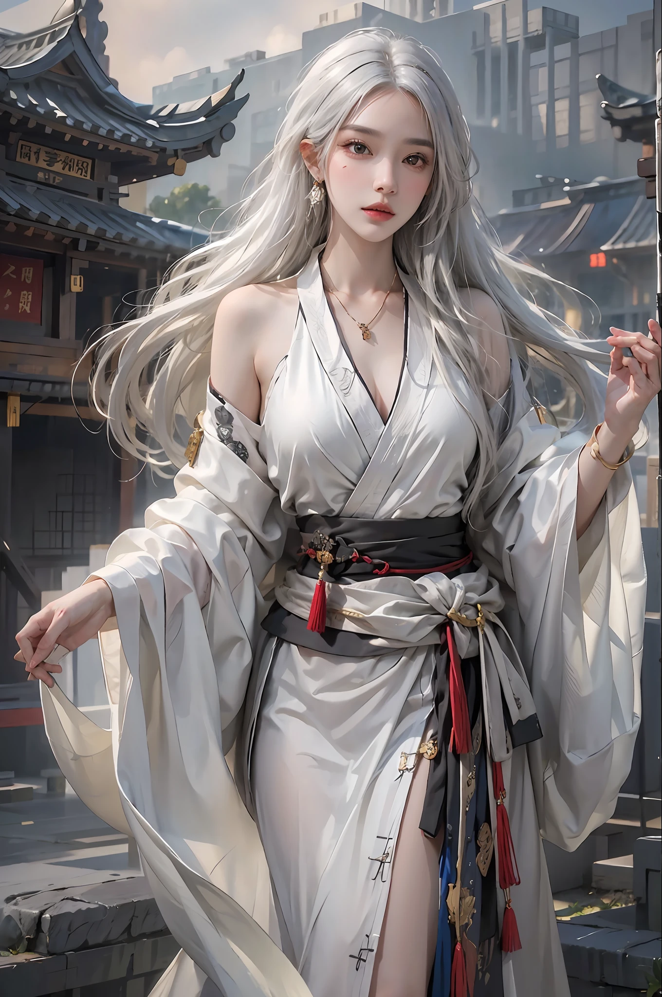 photorealistic, high resolution, 1women, solo, hips up, look at viewer, (detailed face), white hair, long hair, Taoist robe,oversized clothes, jewelry, midjourney portrait