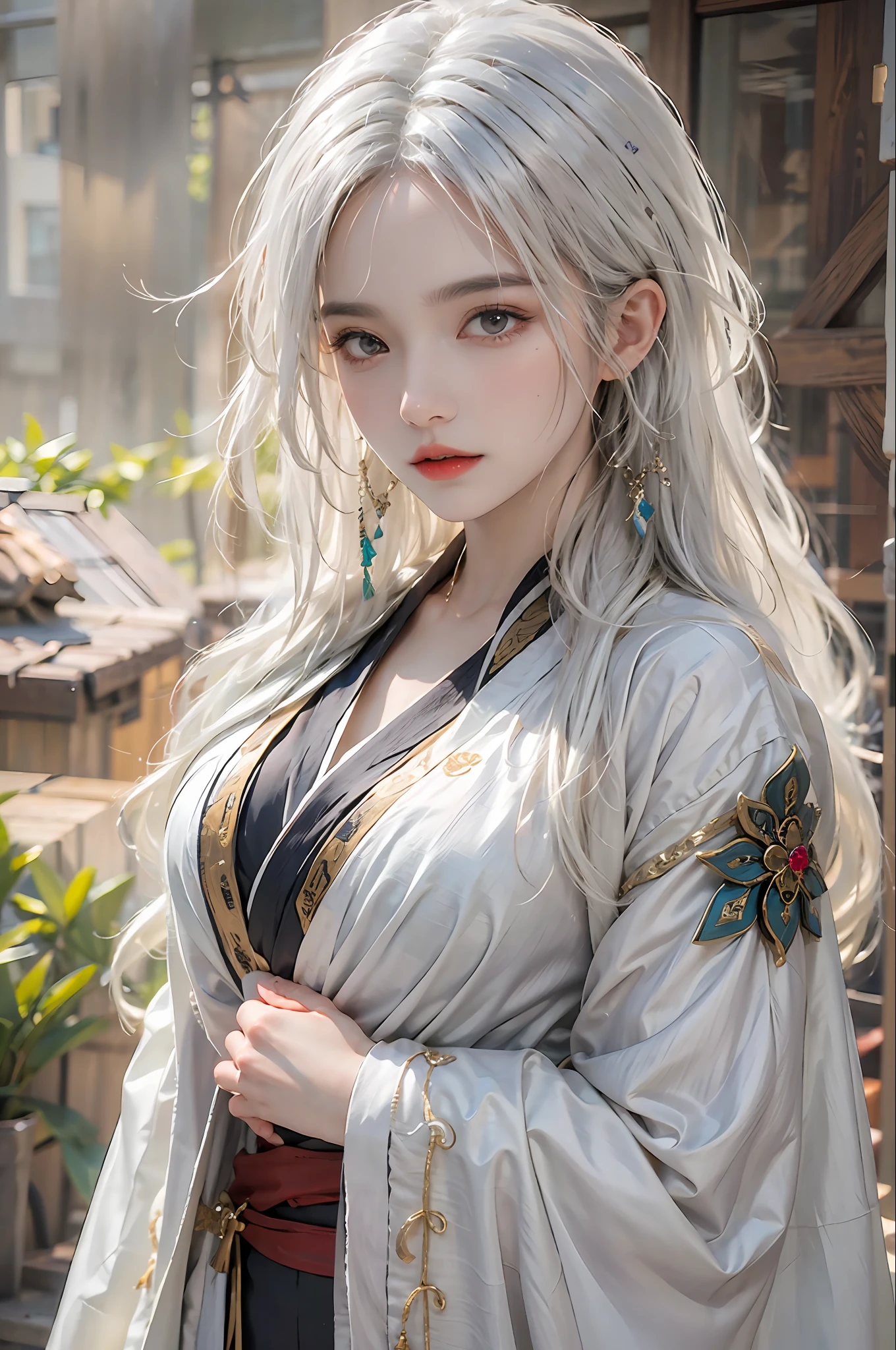 photorealistic, high resolution, 1women, solo, hips up, look at viewer, (detailed face), white hair, long hair, Taoist robe,oversized clothes, jewelry, midjourney portrait