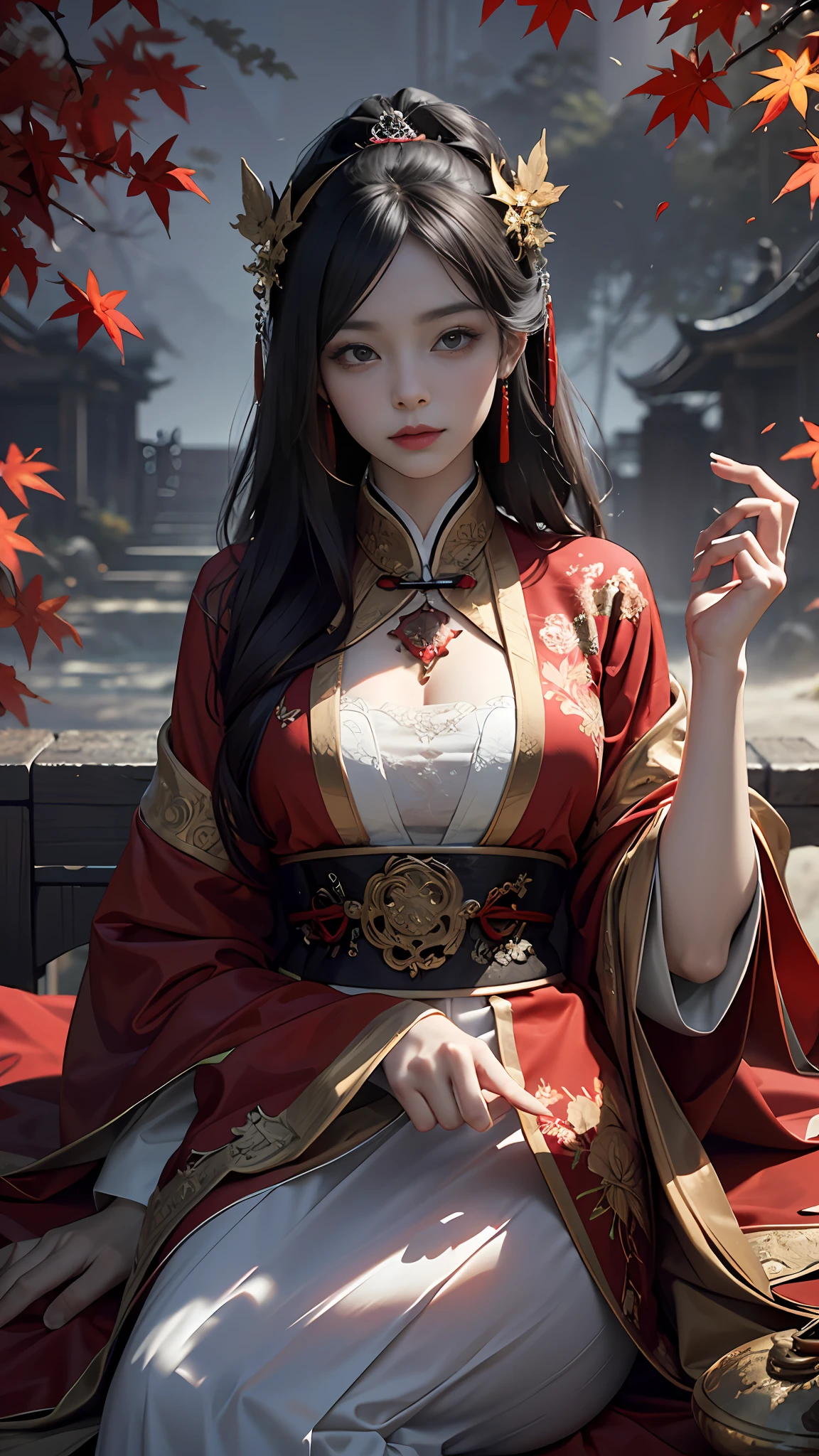 official art, Unity 8k wallpaper, super detailed, beautiful, beautiful, masterpiece, best quality, mystery, romanticism, horror, literature, art, fashion, tang dynasty era, decoration, intricate, embroidery, red hanfu, red tulle coat, 1 girl, black hair, red hair ornament, sad, fatalistic, bust composition, dramatic composition, movie lighting, dynamic perspective, sexy, full of seduction, maple forest, maple leaves falling, cloudy mist, dramatic composition,