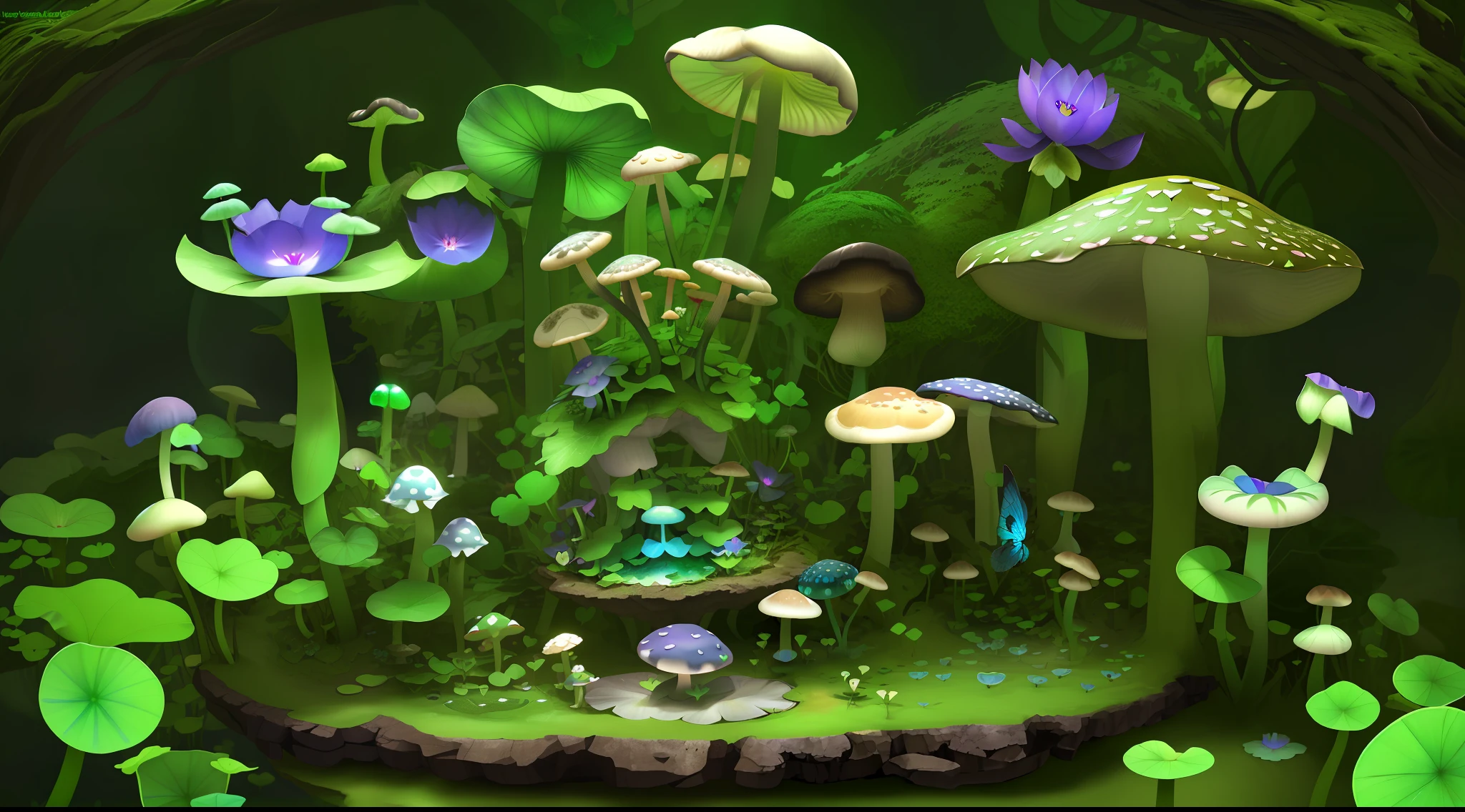 "Mushroom forest with glass goblet,morning glory,butterflys,lotuses,four-leaf clover,morning glory,Cyber Mushroom Forest,Ultra-detailed digital fantasy art。Mushrooms are everywhere in the picture,The unique mushroom shape creates a magical casa scene。"
