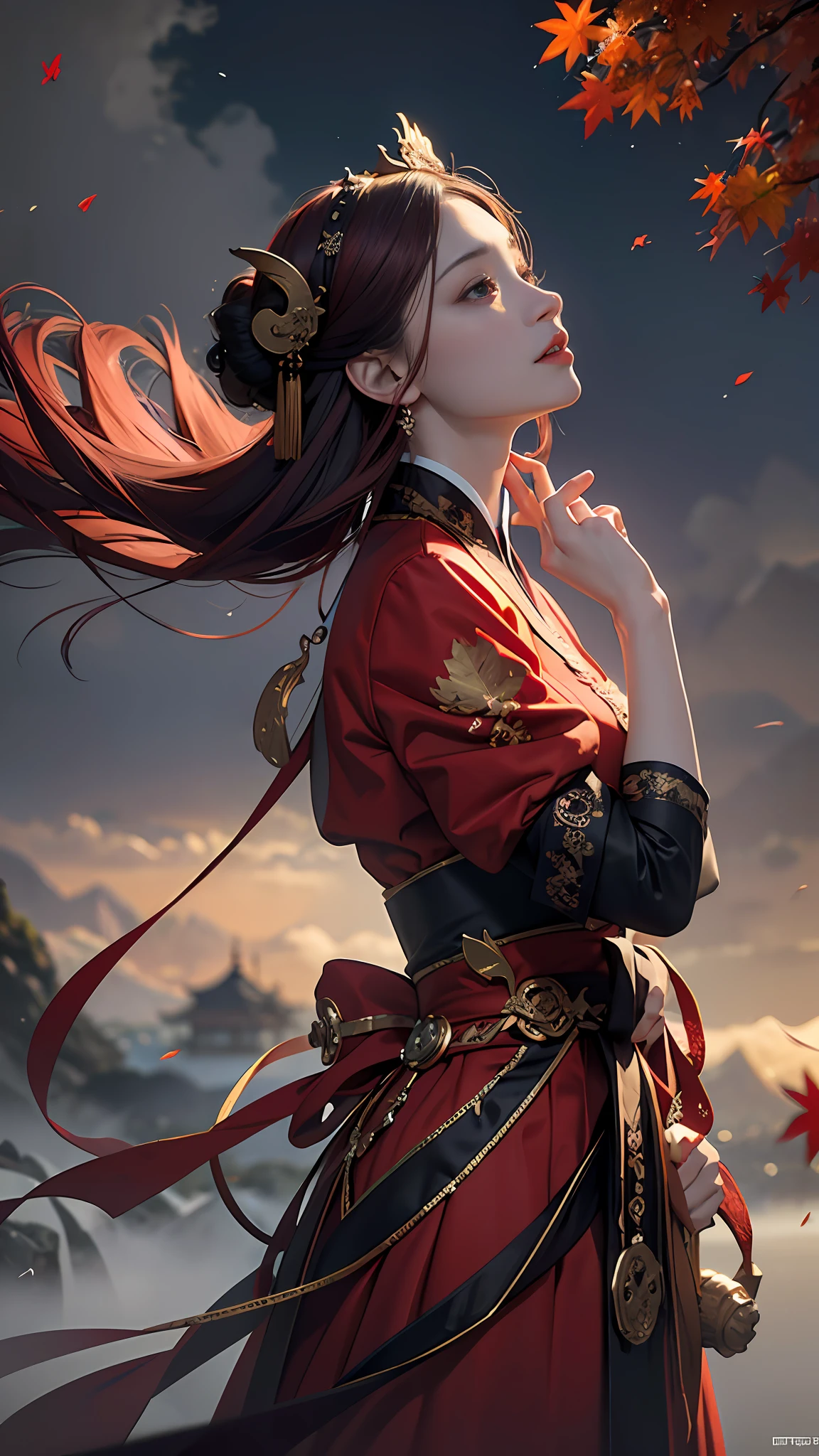 official art, Unity 8k wallpaper, super detailed, beautiful, beautiful, masterpiece, best quality, mystery, romanticism, horror, literature, art, fashion, tang dynasty era, decoration, intricate, embroidery, red hanfu, red tulle coat, 1 girl, black hair, red hair ornament, sad, fatalistic, bust composition, dramatic composition, movie lighting, dynamic perspective, sexy, full of seduction, maple forest, maple leaves falling, cloudy mist, dramatic composition,