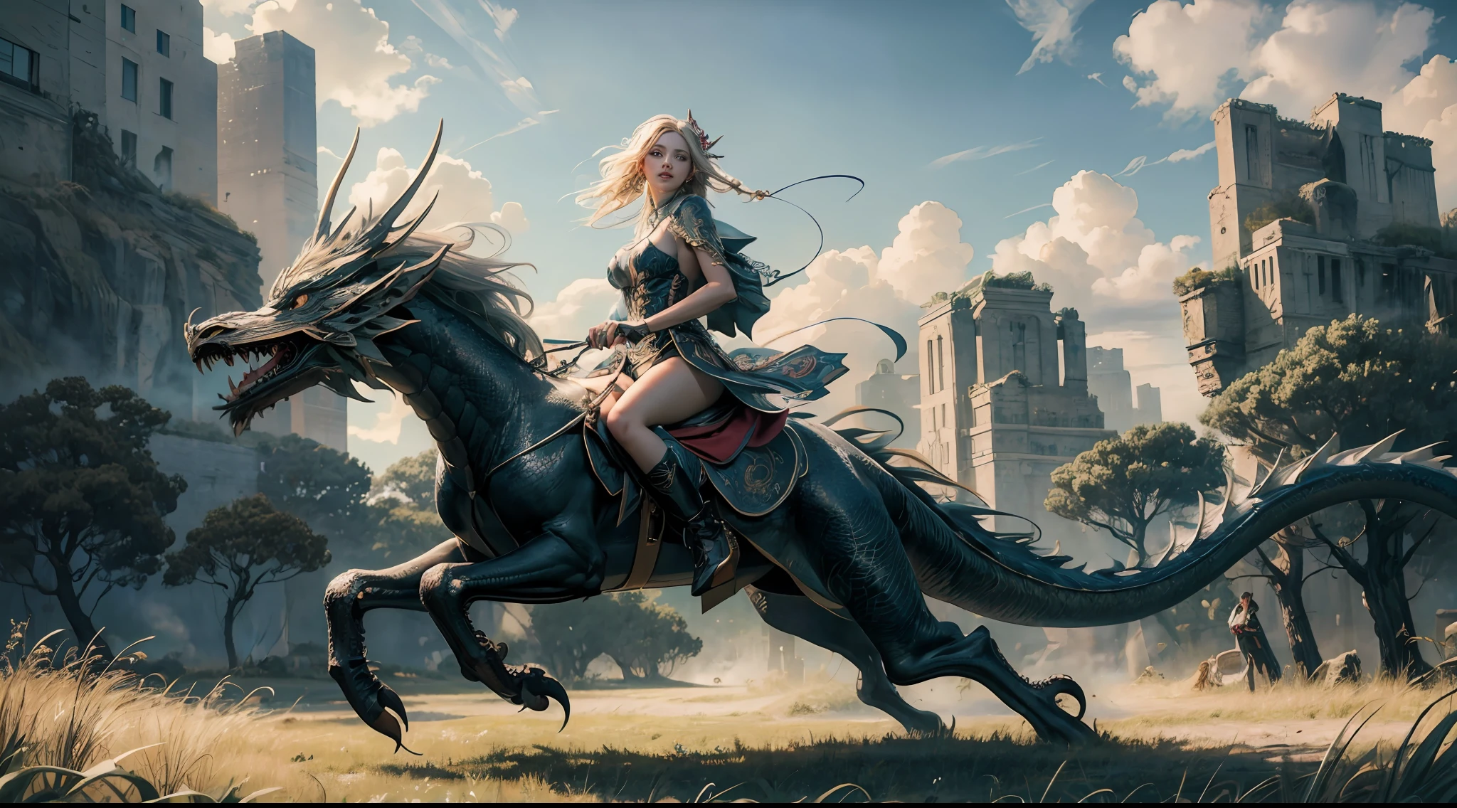 offcial art，统一 8k 壁纸，ultra - detailed，Beauty and aesthetics，high high quality，tmasterpiece，Best quality at best，（zentangle，datura，Tangles，entangled：0.6），grassy fields，the elf，Large breasts，wildness，Ride a dragon，Fighting posture，dramatics，Photorealistic, Super detail, Masterpiece, Best quality, A high resolution, 8K，（full body shot shot）