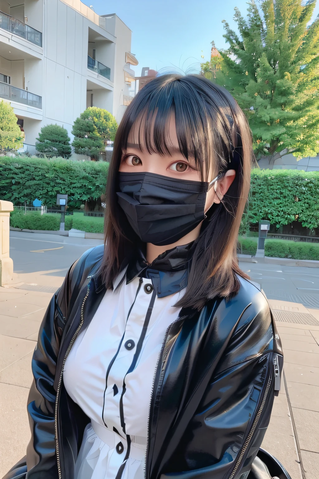 best quality, ultra high res, (photorealistic:1.4), oversized jacket, lolita dress, medium breasts, black hair, selfie, outside in a park, cute pose:1.2, wearing a black mask