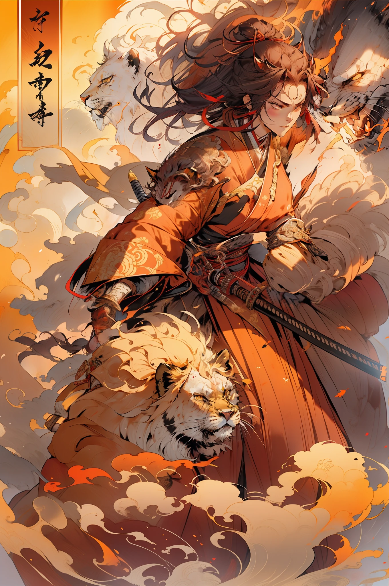We are introduced to a remarkable warrior. A mulher samurai, de cabelos vermelhos flamejantes, radiates an aura of strength and gracefulness. His imposing posture reveals the confidence and determination of those who have faced many challenges.
Dressed in a classic samurai outfit, She wears a kimono and hakama expertly ornamented with symbols of courage and honor. Every detail of the costume underscores its connection to the ancient tradition of Japanese warriors.
Ao lado da mulher samurai, A majestic lion rests serenely. The lion is an unusual companion, But his calm and respectful gaze suggests that there is a special bond between them. This unlikely partnership symbolizes the harmony between courage and wisdom, as well as the symbiosis between strength and softness.
The surrounding countryside is also breathtaking, com montanhas cobertas de neve ao fundo, representing the arduous journey the samurai has taken to reach his current state of wisdom and power. The sky brushed in intense shades of red and orange indicates a new dawn, simbolizando que, despite his remarkable journey, There is still much to be achieved.
This extraordinary image captures the essence of courage, of the resilience and intrinsic beauty found in the samurai woman, whose red hair is as flaming as his determination. It is a testament to the rich culture and history that surrounds samurai., with a magical touch added by the presence of the lion as your faithful companion on the journey.