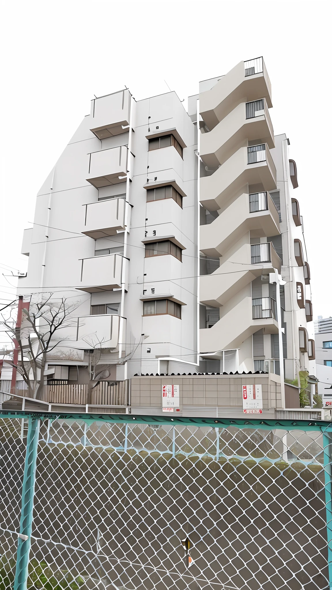 There is a tall building behind a fence with a sign, full building, Residential area, single building, in a japanese apartment, building facing, white building, hironaka, the photo shows a large, taken in the early 2020s, highrise buildings, outside view, view from the street, toyko, sen no rikyu