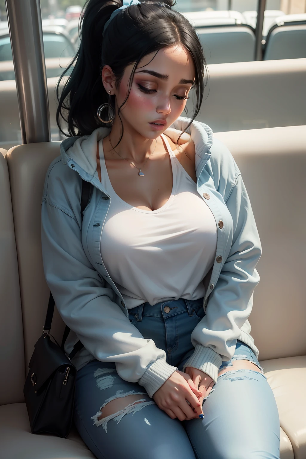 1 beautiful woman, large body, young lady eyes closed, Latina female, face makeup, all hair tied back, bare forehead, long eyelashes, false eyelashes, short ponytail, black hair, eyelid makeup, eyelids outlined with makeup, POLO WHITE WITH NECKLINE, light blue jeans, JEAN JACKET OVER SWEATER, sneakers, blue purse on her lap, asleep with her mouth open, asleep leaning against the bus seat, hands in her lap, mouth wide open, nodding.