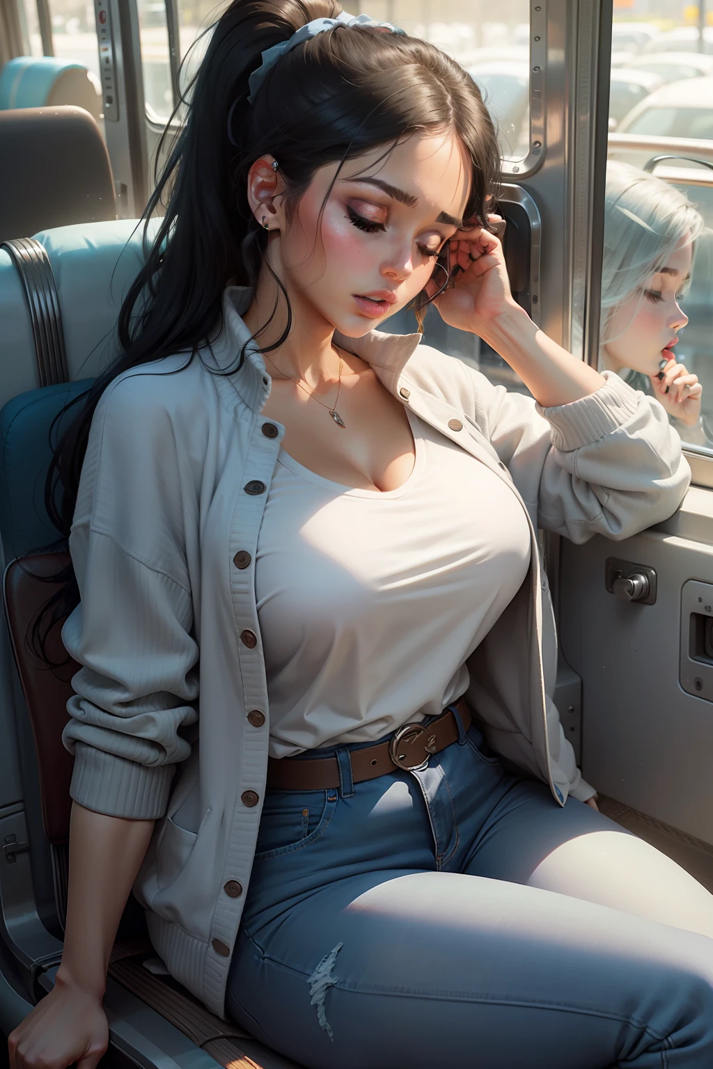 1 beautiful woman, large body, young lady eyes closed, Latina female, face makeup, all hair tied back, bare forehead, long eyelashes, false eyelashes, short ponytail, black hair, eyelid makeup, eyelids outlined with makeup, POLO WHITE WITH NECKLINE, light blue jeans, JEAN JACKET OVER SWEATER, sneakers, blue purse on her lap, asleep with her mouth open, asleep leaning against the bus seat, hands in her lap, mouth wide open, nodding.