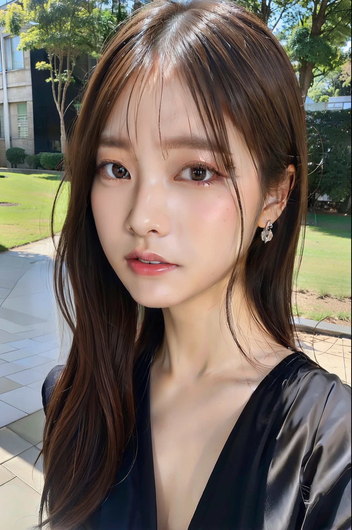 masutepiece,Best Quality:1.4),(8K,Raw photo,photographrealistic:1.2),(Shiny skin),Detailed skin,Detailed face,Detailed eyes,1girl in,Upper body,Japanese Idol,Extremely beautiful face,Brown hair、Wearing a black suit、takeout、Sunnyday