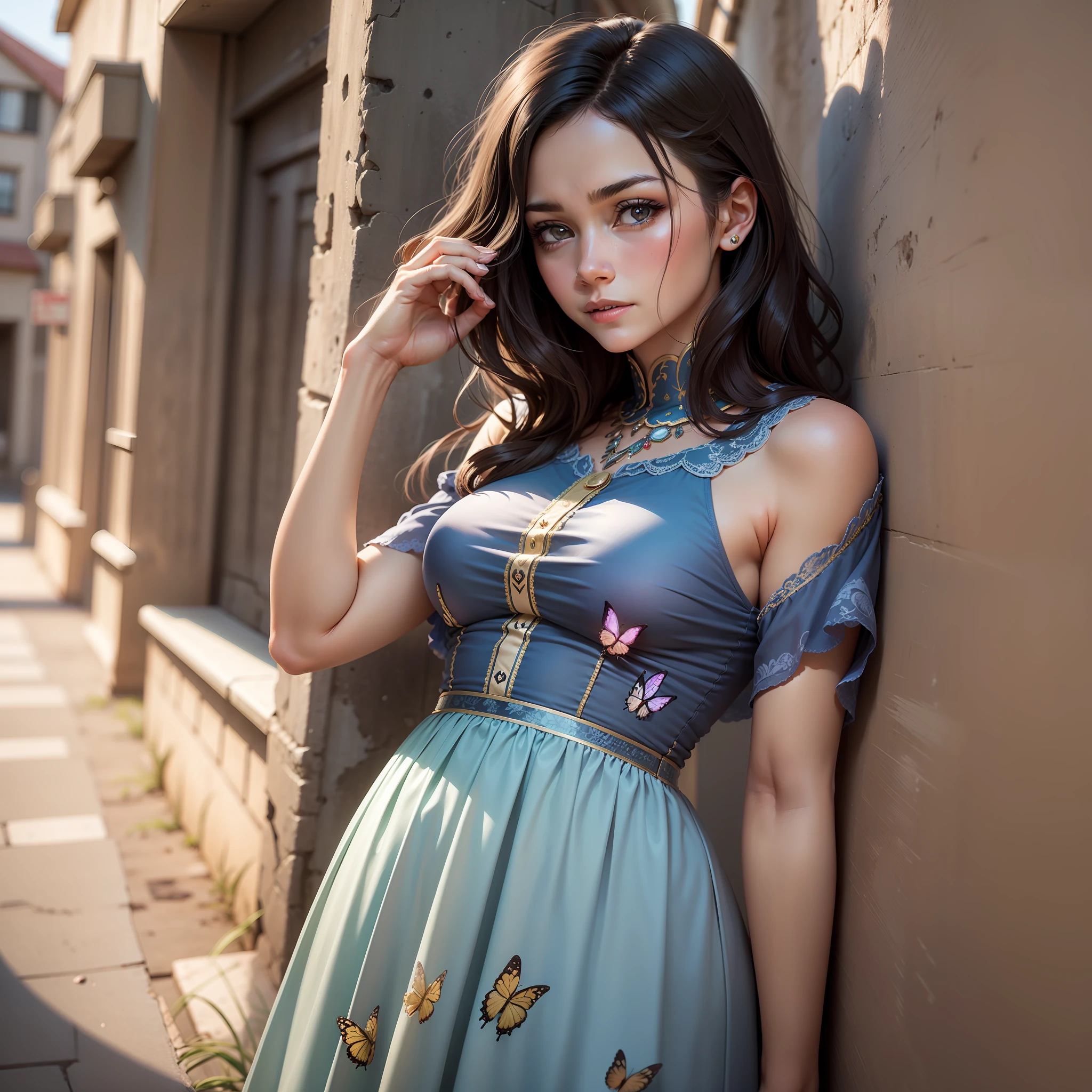 Woman looking forward with firm look of determination, vestida com um lindo vestido, behind a wall drawn bright butterflies