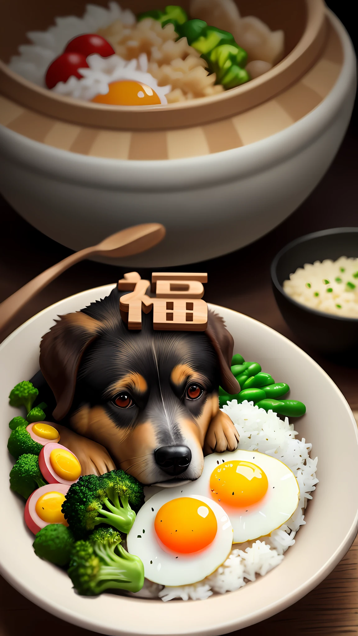 Dog eating, animation, high quality, high resolution, rice bowl, fried egg, braised pork, diced radish, beans, rice, broccoli