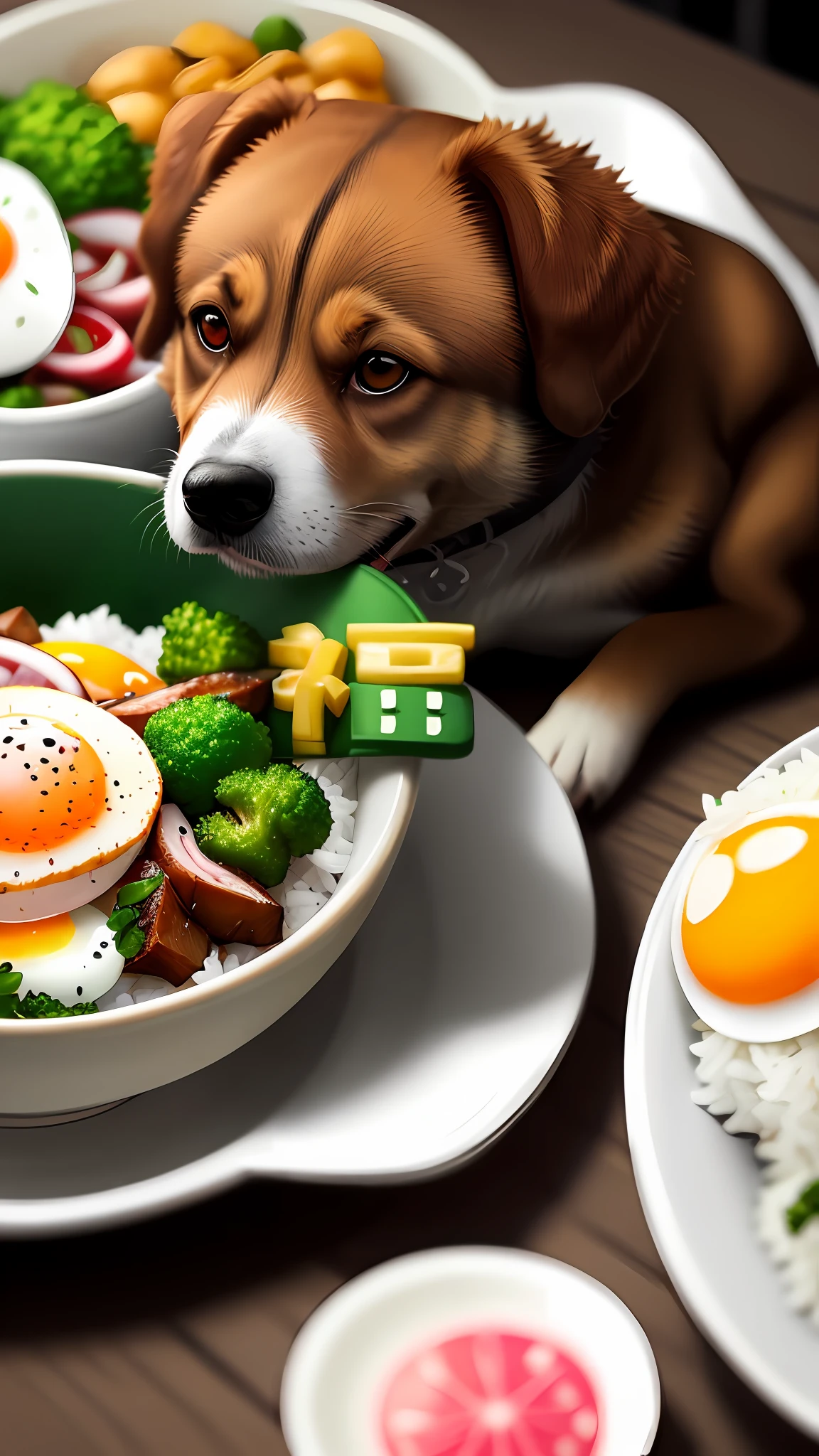 Dog eating, animation, high quality, high resolution, rice bowl, fried egg, braised pork, diced radish, beans, rice, broccoli