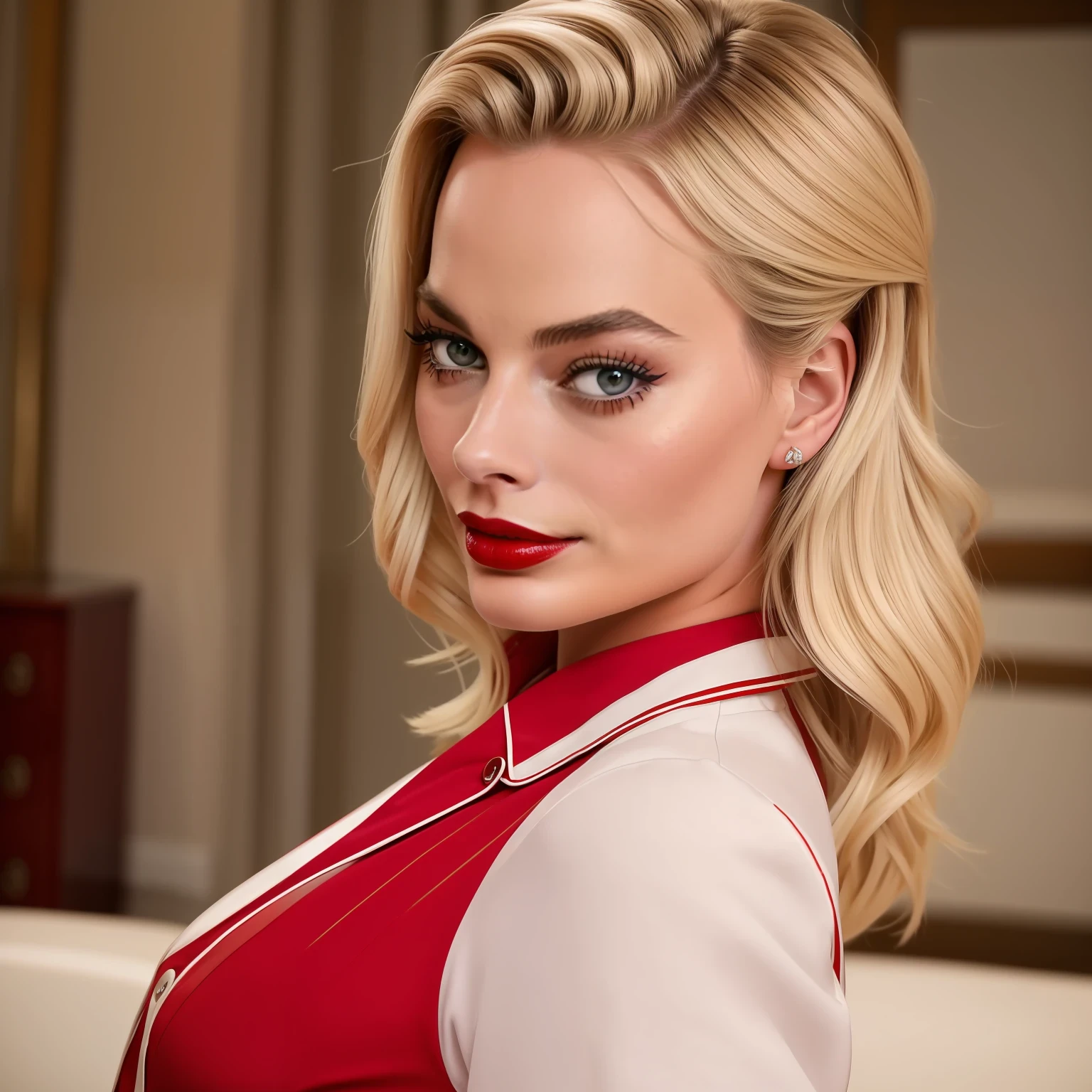 Margot Robbie, old nurse, sexy position, cute, red lipstick, beautiful eyes, beautiful body, looking at viewer