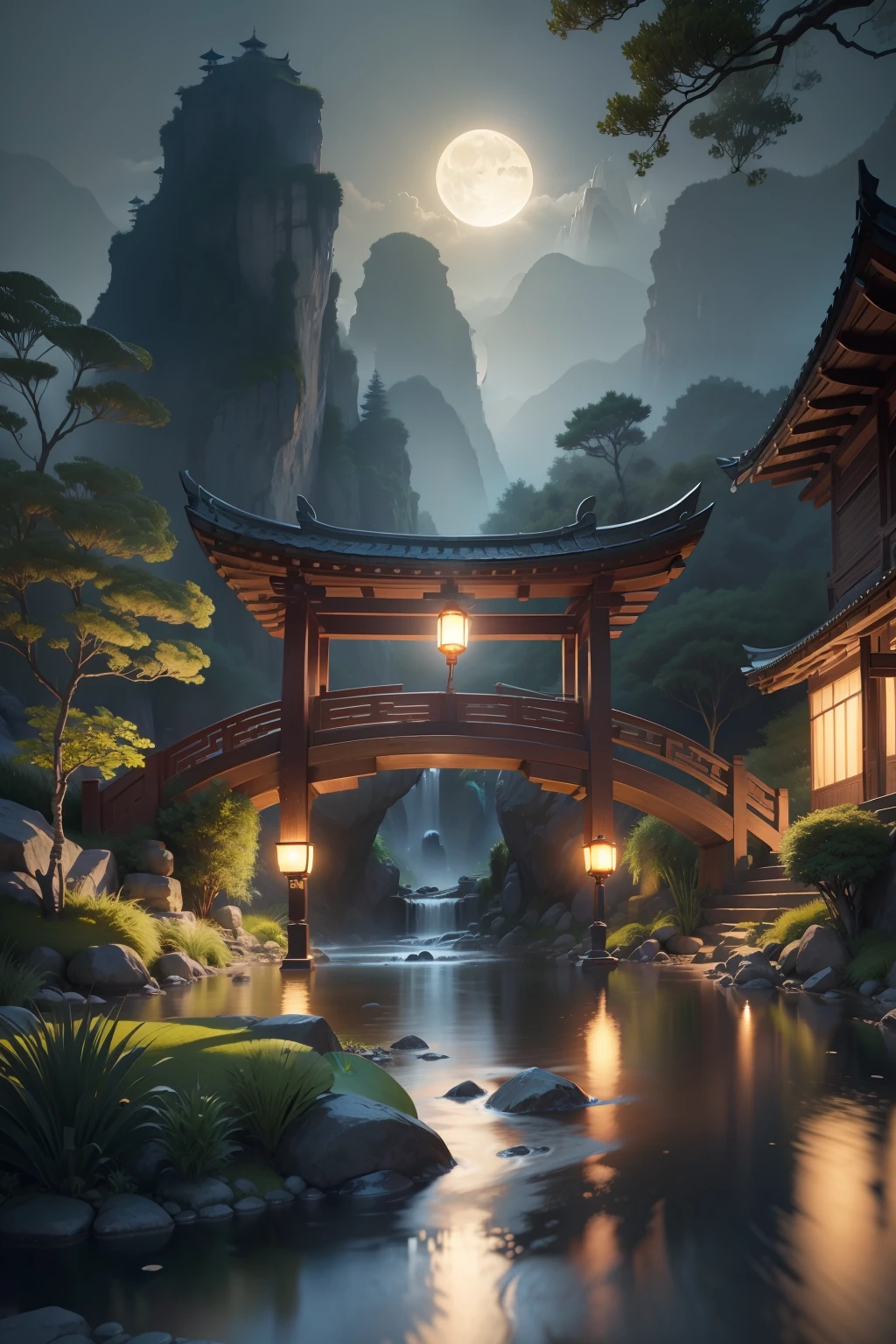 9:16 Full picture, ancient Chinese architecture, hazy moon, night, garden, bamboo, lake, stone bridge, rockery, arch, corner, rockery, tree, running water, landscape, outdoor, waterfall, grass, rock, water lily, hot spring , Water Vapor, (Illustration: 1.0), Epic Composition, Detail Enhancement, Detail Enhancement. Realistic lighting, HD details, masterpiece, best quality, (very detailed CG unity 8k wallpaper), (best quality)