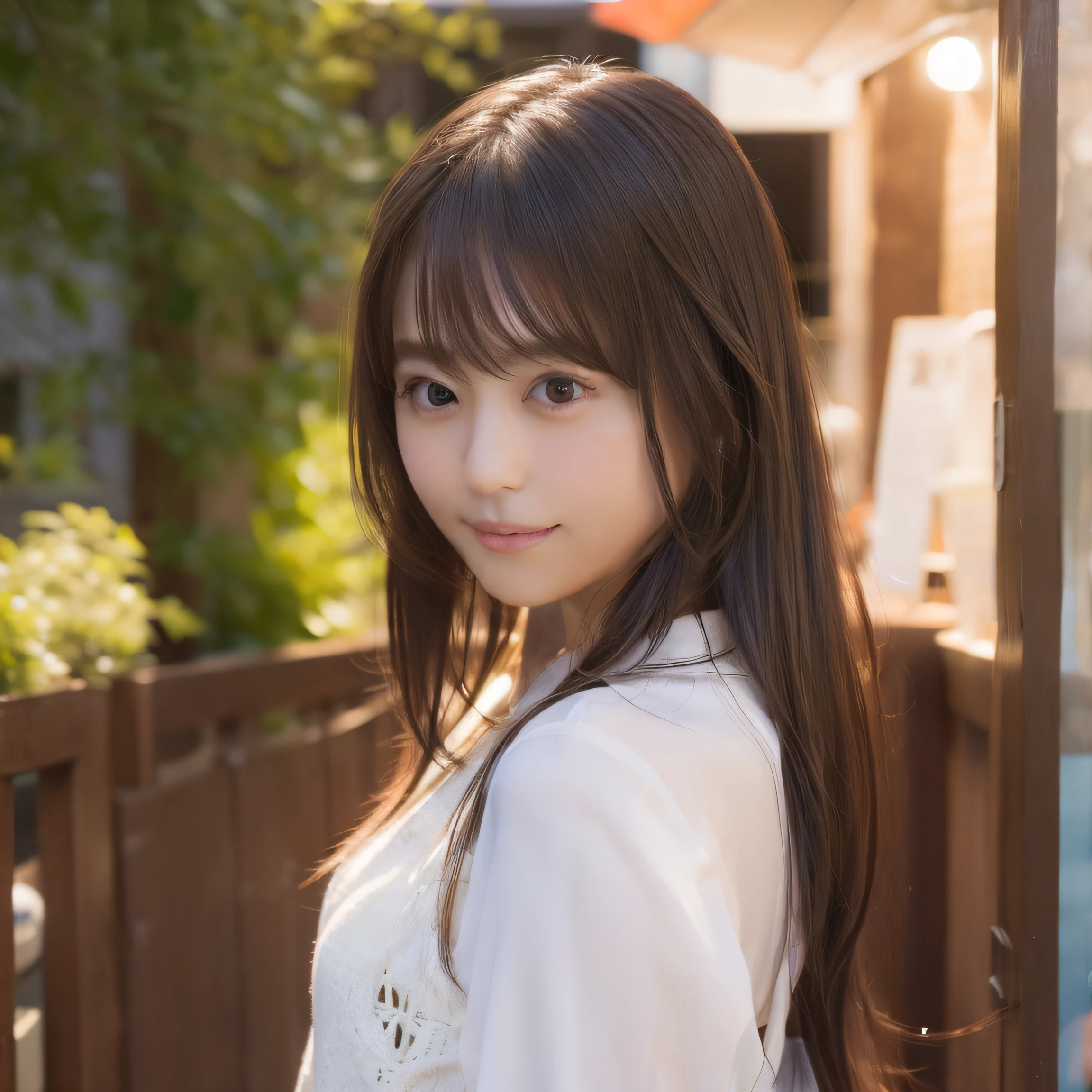 8K,Best Quality, 超A high resolution, (Photorealistic:1.4), Raw photo, (upper thigh:1.4, From Side:1.1), (Bokeh:1.4), (in a suite),Waterside Cafe, 1日本人の女の子, Cute, (Solo:1.6), (Shy smile), (Dark eyes:1.2:1.2), Smooth skin, (Brown medium hair,Bangs), (touch hair:1.4),nogizaka,a park,Fashionable clothes、full bodyesbian:1.2、Supple fingers、