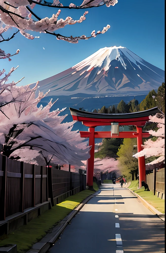 mount fuji background、torii gate、cherry trees