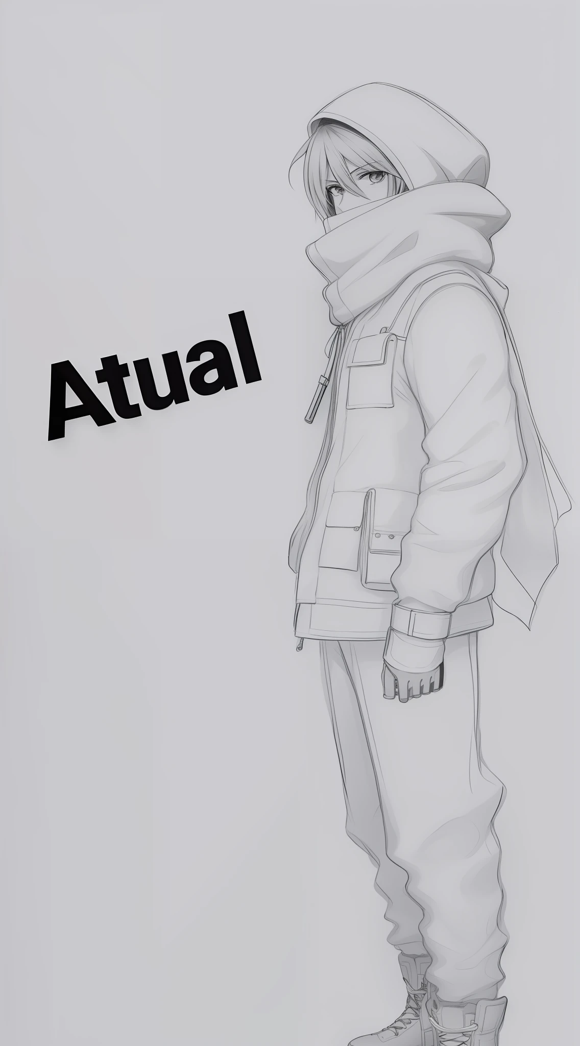 There is a drawing of a man with a gun and a hood with a scarf, Ninja moderno, Final Fantasy Dash, tactical boots, katanas nas costas, Pose casual, Pose neutra, desenho de caracteres de corpo inteiro, conceito de personagem irrealista, retrato de corpo inteiro de um curto!, single character full body, Desenho de corpo inteiro, anime full body illustration, Personagem de corpo inteiro, conceito de personagem realista, full body character concept, design de roupa clara, !!retrato de corpo inteiro!!
