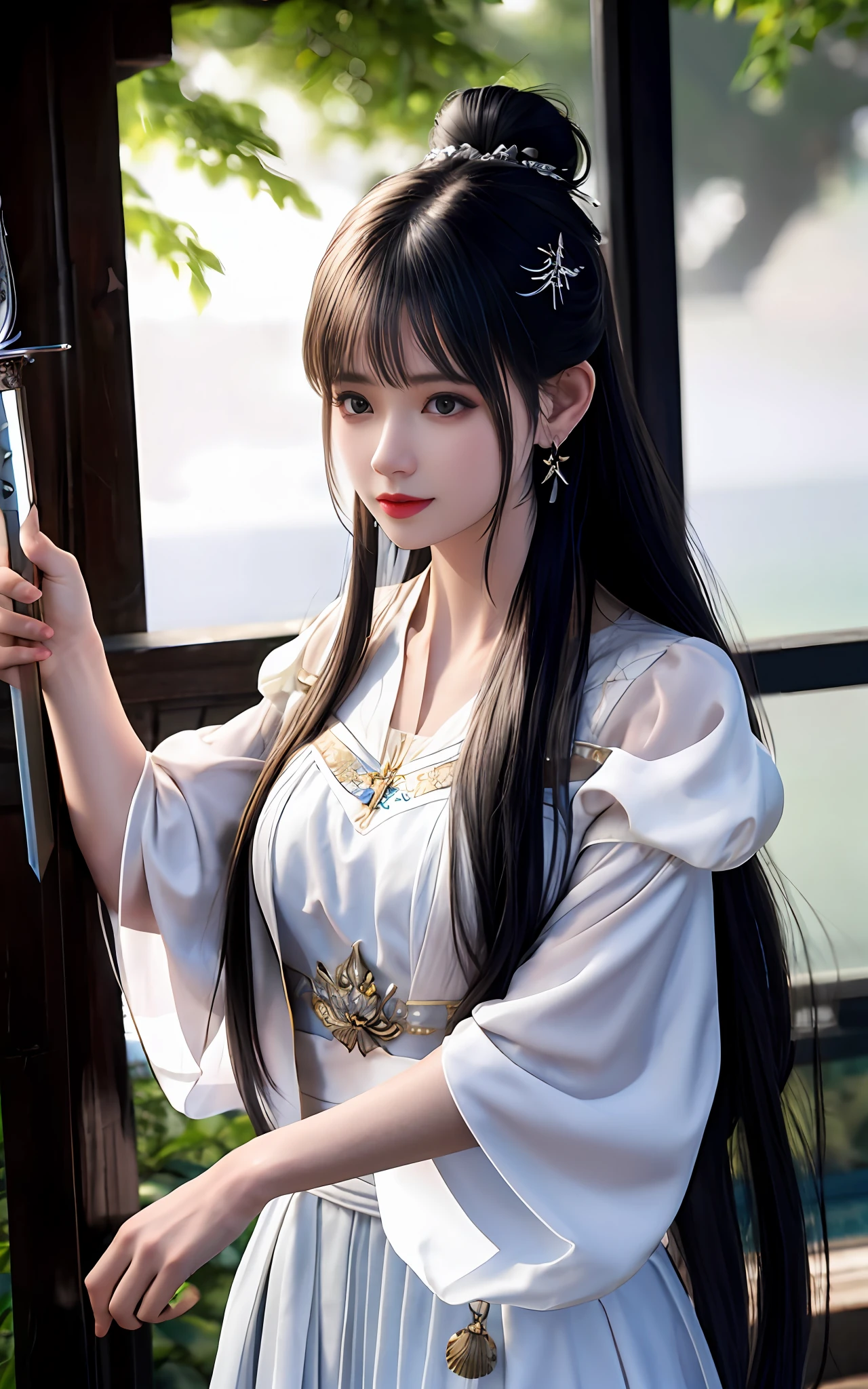 (realisticity: 1.2), best quality, masterpiece, highres, cg,
1girl, weapon, sword, long hair, dress, water, solo, jewelry, white dress, earrings, hair ornament, splashing, upper body super realistis, hair bun, black hair, city bacgraun realistis,
lighting,candid, Photograph, high resolution, 4k, 8k, Bokeh,