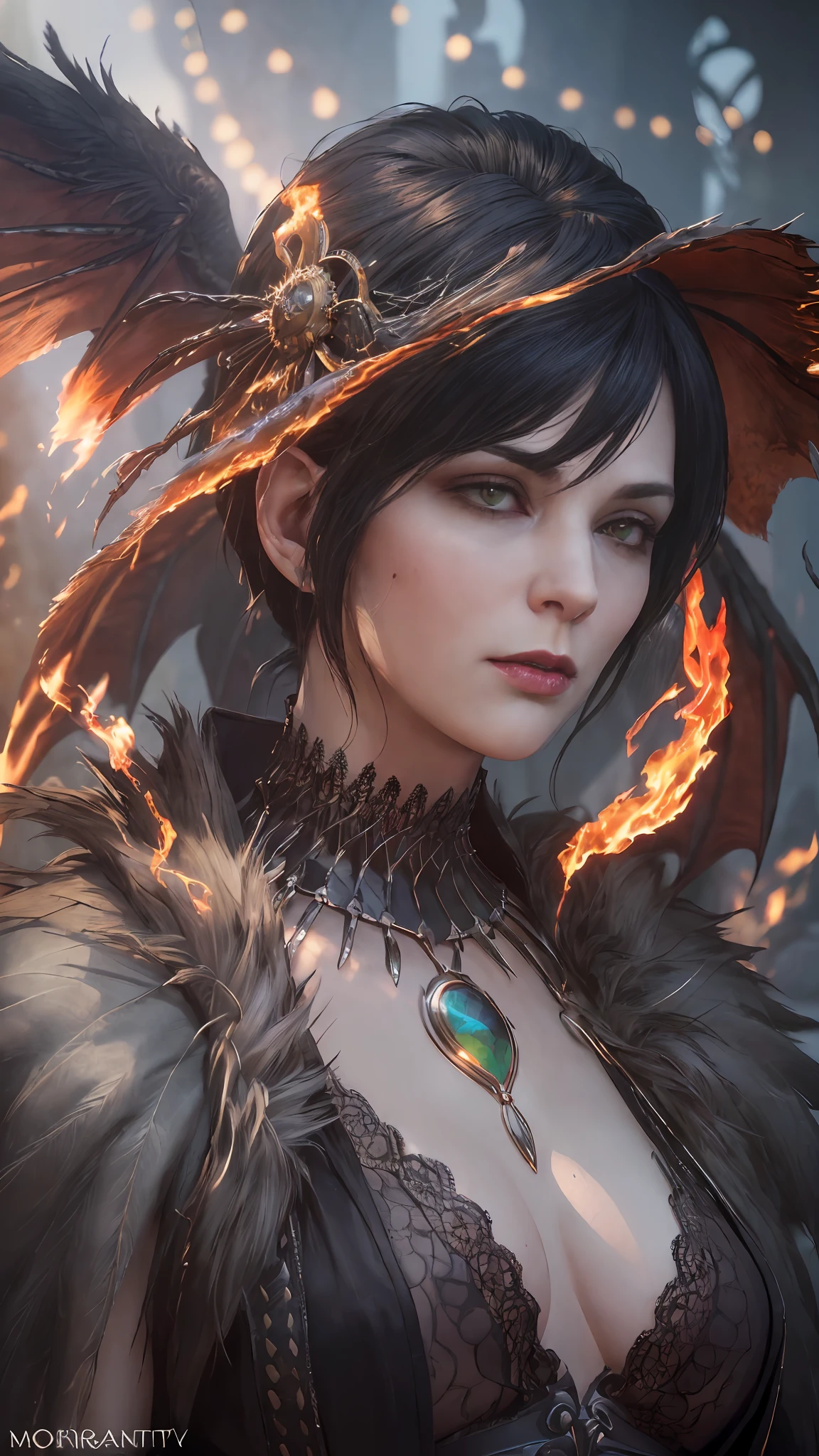 (Dark Fantasy:1.2), (Masterpiece, Epic Quality, Epic Realism, Ultra Resolution, 8K Photo Unity, Epic Detail: 1.1), witch fur robe, (((morrigan))), dark hair, (((waiving a fire spell))), (Intricate Details, Dynamic Angle, Rim Lighting, Soft Lighting, (Professional Photography, Photorealism, Hyperrealism), Ray Tracing, HDR, beautiful hands