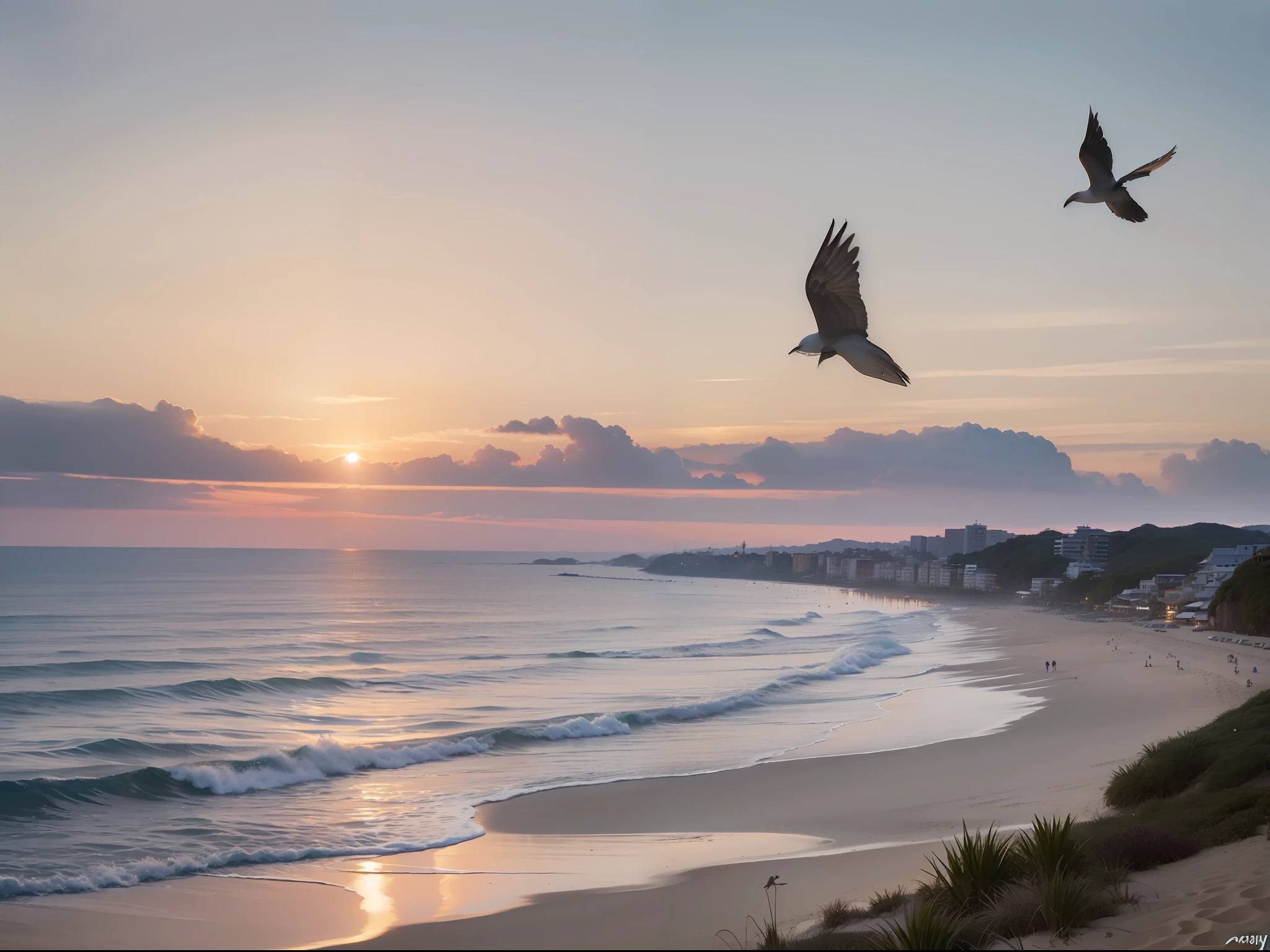 (((Surreal)))、(((hight resolution)))、(in 8K)、 (((ighly detailed)))、(top-quality、masterpiece:1.3)、((sharpnes))、ciinematic light、Full view、the beach、White sandy beach、Girl Walking On The Beach、Distant horizon、Distant waves、Flying birds、Into the cloud、Bright sun、The sun rises high、Mid summer、From a bird's-eye view