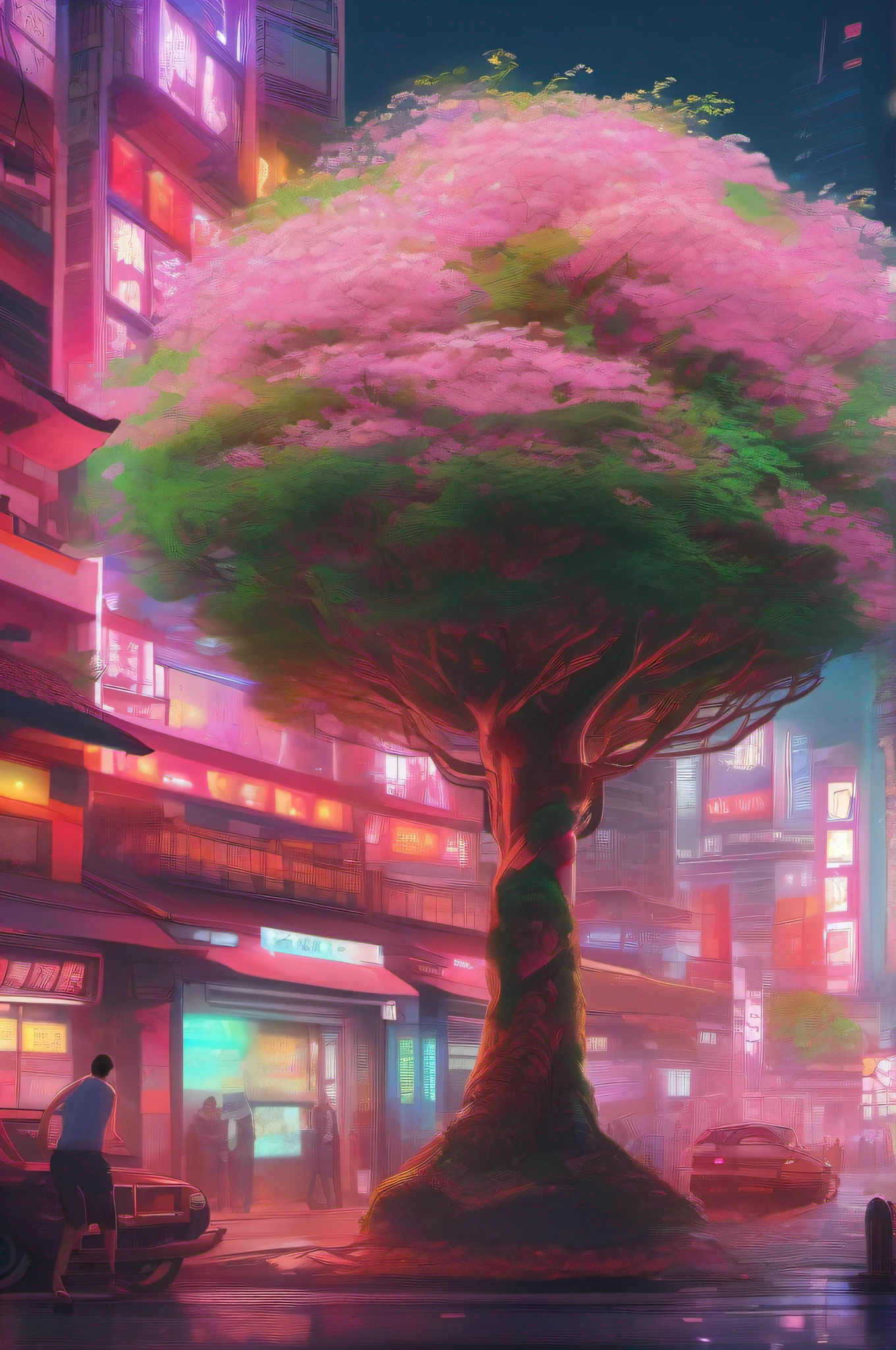 Subject: Cherry Palm Blossom Tree
Action: Mix
Context: Cyberpunk city in the air
Environment: Outdoor, in the sky
Lighting: Neon, misty
Artist: Hokusai
Style: Manga
Medium: Digital painting
Type: Landscape
Color Scheme: Pastel, vibrant, dynamic lighting, green, orange, red
Computer Graphics: 3D, octane, cycles
Quality: High definition, 8K
A Cherry Palm Blossom Tree is elegantly blending into a futuristic cyberpunk city floating in the sky. The scene is filled with neon lights and mist, creating a vibrant and dynamic atmosphere. The artwork is inspired by the renowned artist Hokusai and portrays a mesmerizing Manga-style landscape of the cherry blossom tree.