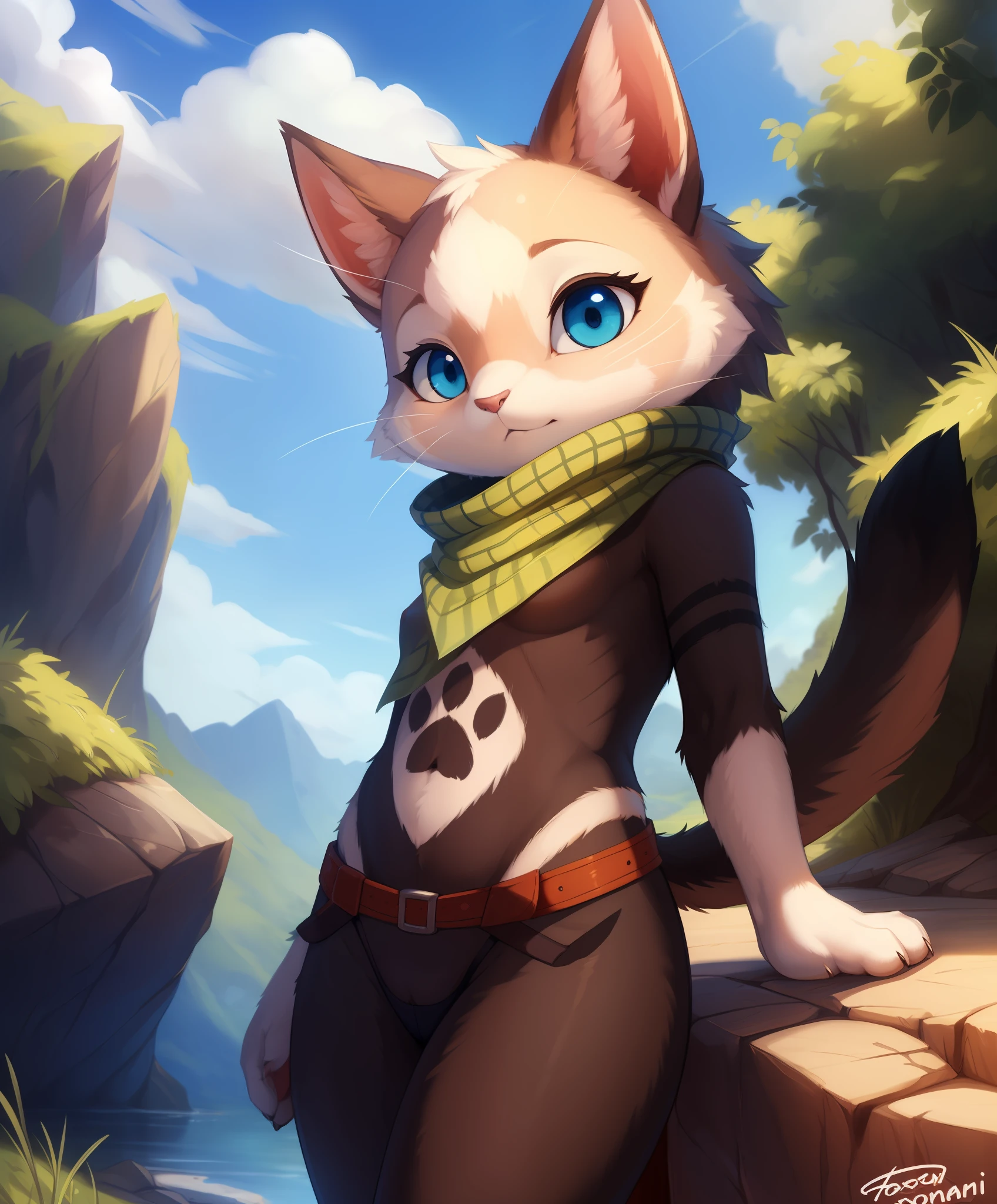 character portrait of a sexy, adult, (female:1.4), (anthro:1.2), felyne, felid, melynx, thin, hi res, soft shading, detailed eyes, beautiful eyes, detailed face, good anatomy, detailed fur, 1tail, tail, cinematic lighting, by woolrool, crayon \(artist\), buta99, athletic, detailed background, outdoors, blue eyes, slit pupils, bandanna on neck, (pawprint marking), black fur, white fur, pink accents, standing,, [by dagasi|ancesra:0.5], (by foxovh|by personalami), (by einshelm|by tom_fischbach)]