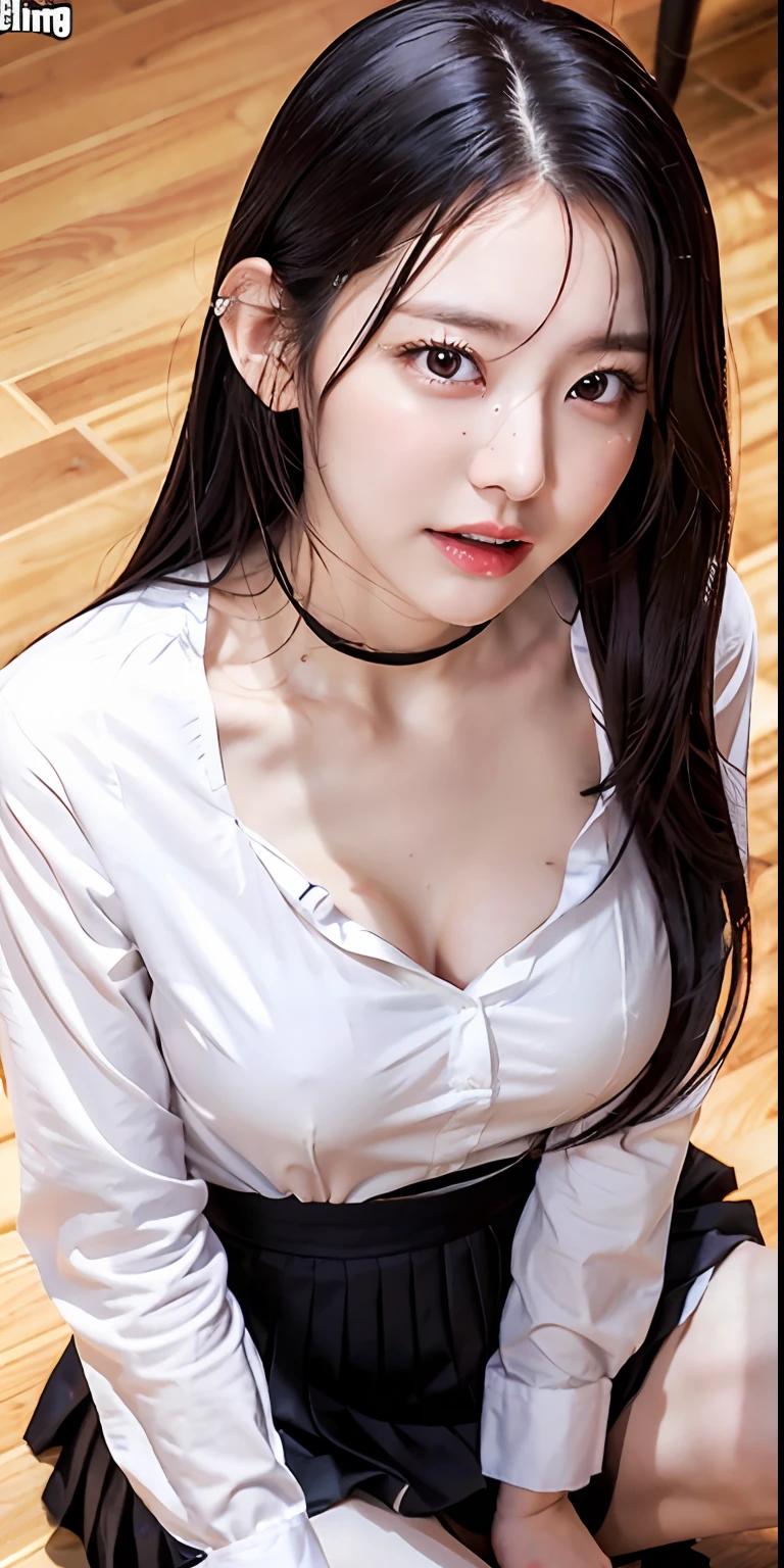 ulzzang -6500-v1.1, (Raw foto:1.2), (Photorealsitic:1.4), a beautiful detailed girl, extremely detailed eye and face, beatiful detailed eyes, huge filesize, (Colossal tits), hight resolution, ighly detailed, top-quality, [​masterpiece:1.6], [JK school uniform], illustratio, ighly detailed, nffsw, finely detail, top-quality, Highly detailed ticker uniform 8K wallpaper, Cinematographic lighting, 1girl in、17 age、Cute Japan high school girl、perfect body type、[Unbuttoning a white school blouse]、Large, Taut chest、[huge-breasted、heavy breasts:1.6]、Cute droopy eyes、Beautiful big eyes、White School Blouse、see-through brassiere、Sweating and getting wet、[sexual excitement:1.1]、[lyin in bed:1.5]、Raise both hands、School uniform ribbon around neck、A slight smil、(the whole body is wet)、Shining eyes、(A black、short-hair:1.2)、Herren、(Open dress shirt、long-sleeve:1.1)、(tight skirts:1.5)、耳环、(From  above:1.1)、POV、Look at viewers、sitting floor、Wooden flooring、white walls、(cum on chest:1.3)、(droolng:1.5)、(cry:1.2)、open open mouth、(a closeup:1.2)、simple background、‎Classroom、