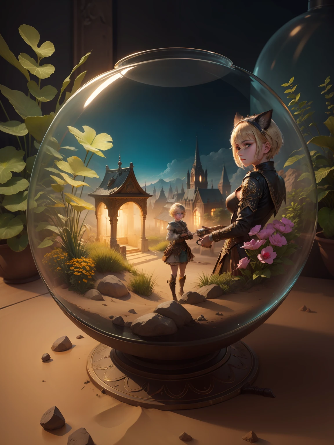 sand terrarium art mixed with ultra hd detailed painting, ,digital art, beautiful, fantasy, digital art, wlop,Steampunk style ,epic,masterpiece,,,,32k ,,, complete, symmetry, painted, intricate, volumetric lighting, beautiful, rich deep colors masterpiece, sharp focus, ultra detailed, astrophotography, photo of young girl, modelshoot style, dirty blonde hair, short hair, (looking at viewer:1.2), (detailed pupils:1.3), (natural light), (seductive), [: (film grain, 25mm, f/1,2, DoF, bokeh, beautiful face, ultra detailed skin, perfect sparkling eyes, skin pores, vellus hair, muscle tone and definition, fabric stitching, fabric texture, wood grain, stone texture, well defined pupils, prominent limbal ring, high contrast eyes, finely detailed features:0.7):0.7]