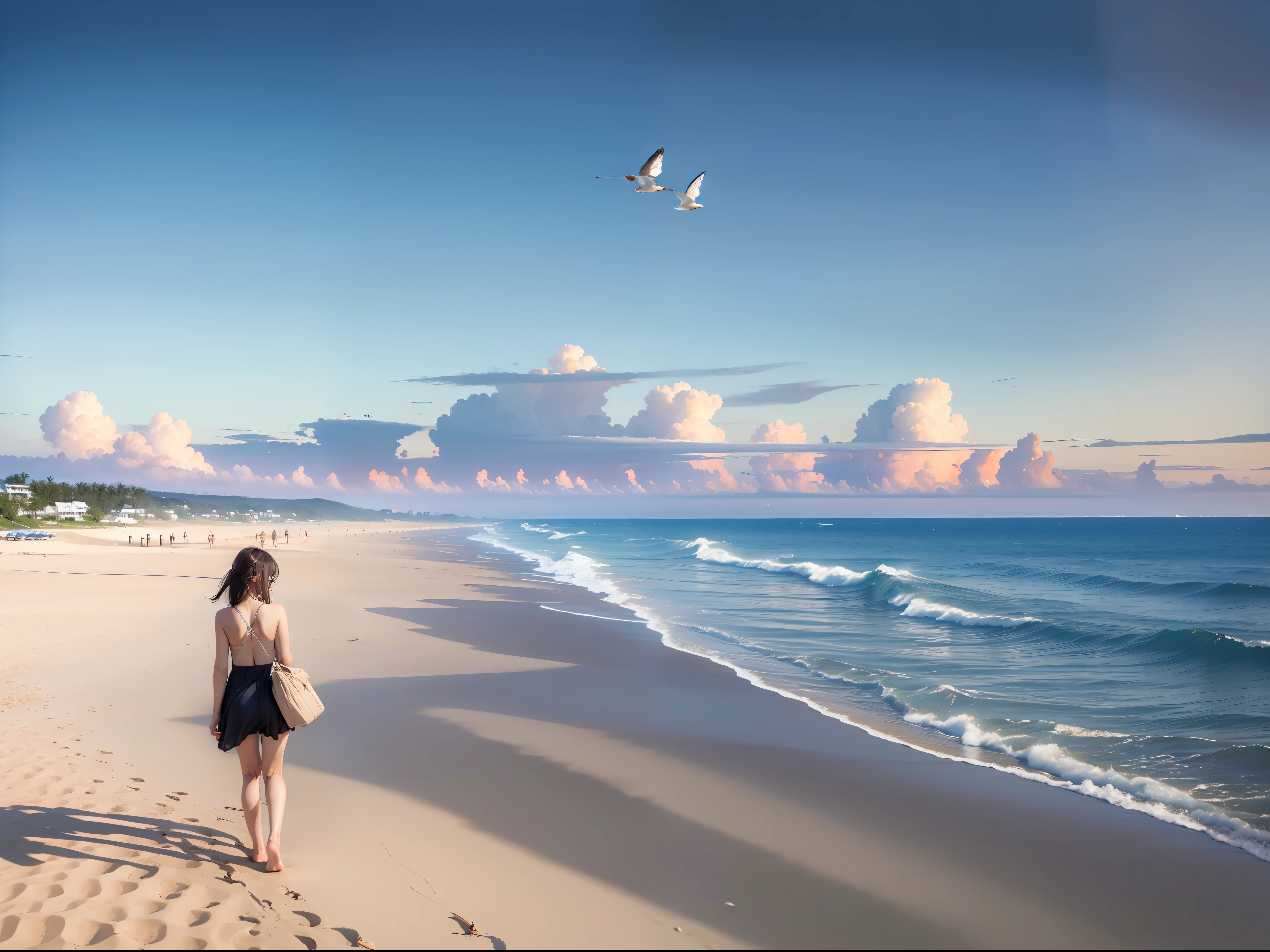 (((Surreal)))、(((hight resolution)))、(in 8K)、 (((ighly detailed)))、(top-quality、​masterpiece:1.3)、((sharpnes))、ciinematic light、Full view、the beach、White sandy beach、Girl Walking On The Beach、Distant horizon、Distant waves、Flying birds、Into the cloud、Bright sun、The sun rises high、Mid summer、From a bird's-eye view