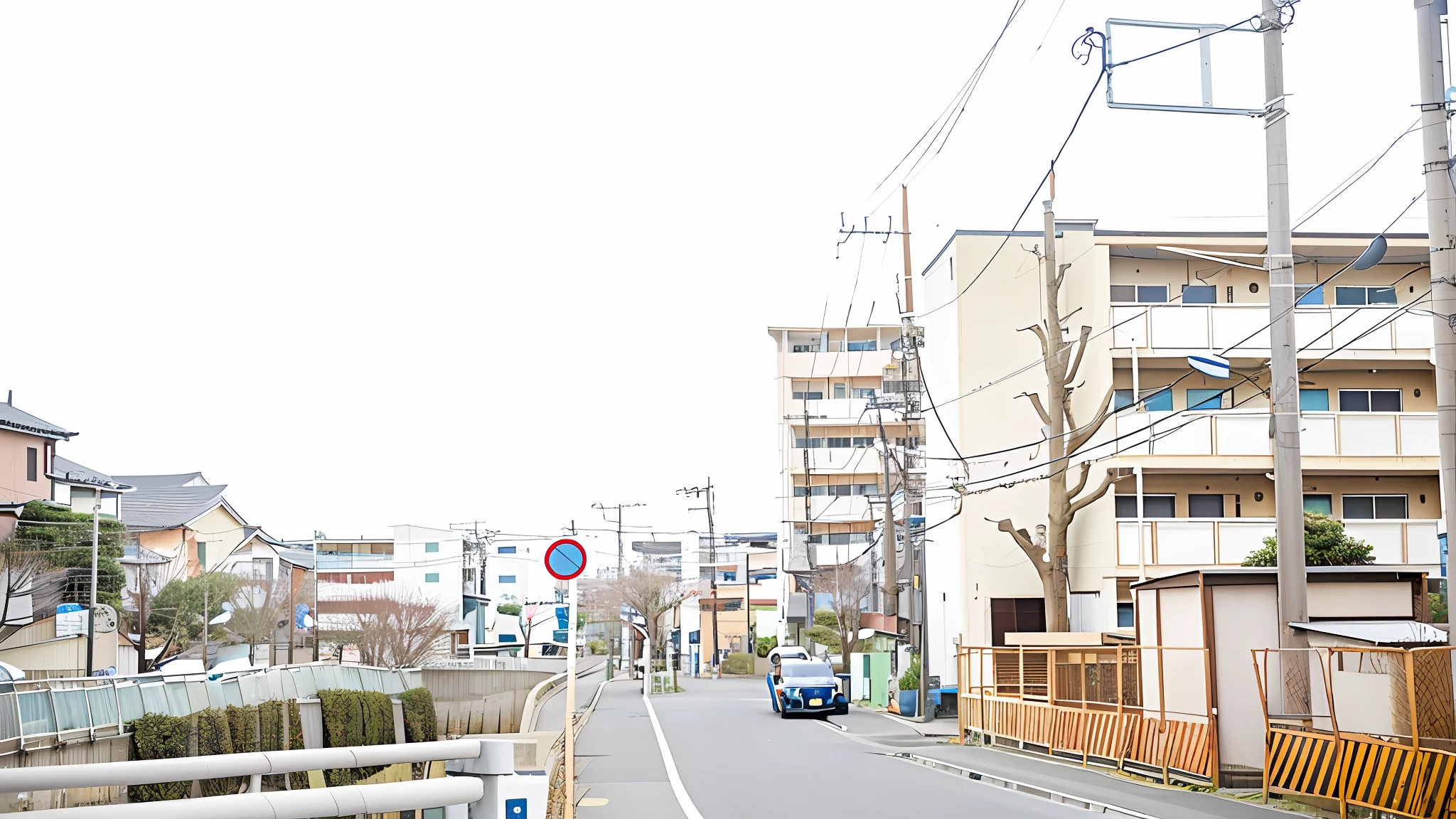 There is a car running on the street in front of the building., Residential area, japanese neighborhood, japanese street, japanese town, Houses and roads, photograph of the city street, japanese rural town, Empty cityscape, taken with sigma 2 0 mm f 1. 4, Tokyo - esque town, in a suburb, japanese city, street level view, in a japanese apartment