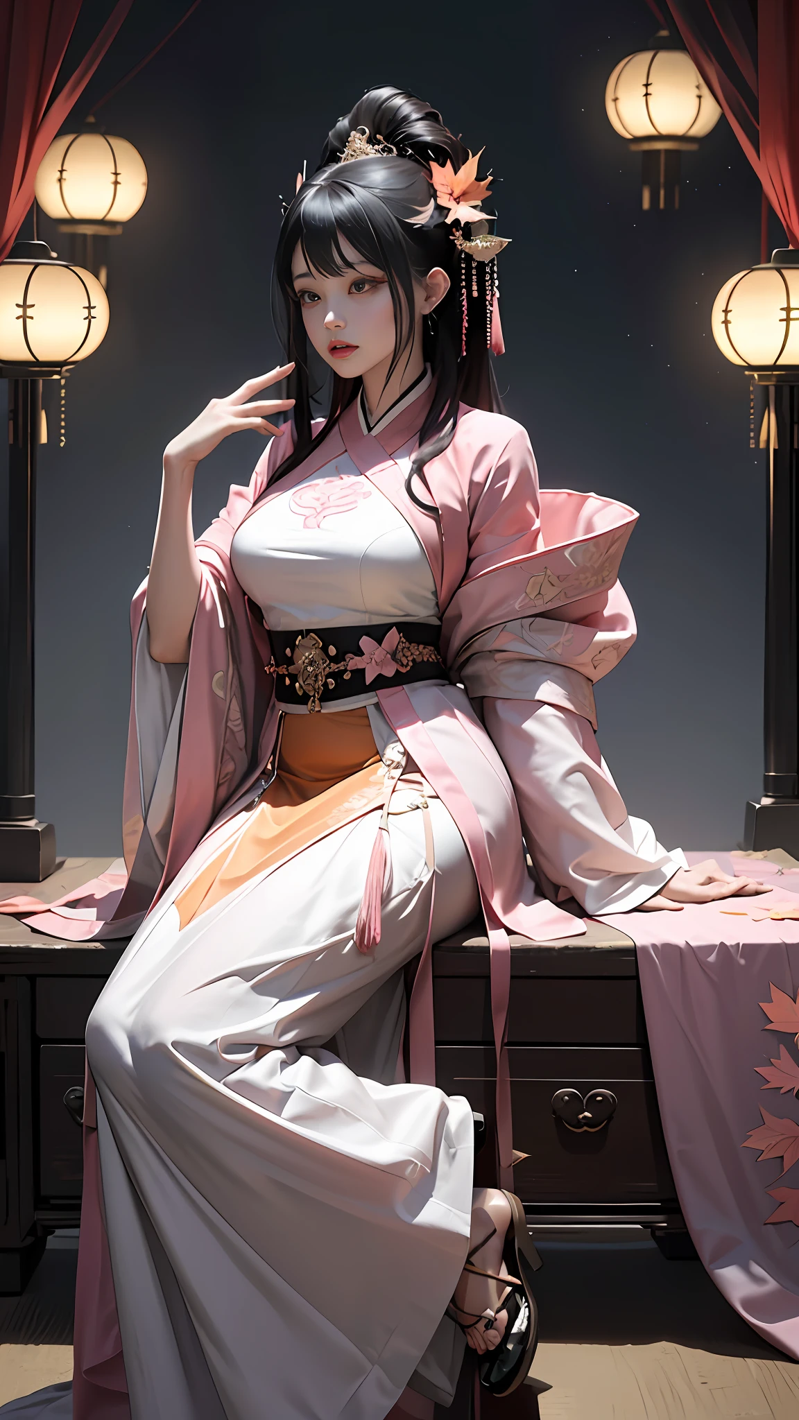 offcial art，Unity 8k壁纸，ultra - detailed，aestheticly pleasing，big breasts beautiful，tmasterpiece，best qualtiy， mistic， romanticism lain， An air of terror， literary， Artistically， Fashionab， Tang Dynasty era， decor， iintricate， embroidery，Pink Hanfu，Pink tulle coat，1girll，black color hair，Pink hair accessories，Sad，A sense of fatalism，Bust composition，Dramatic composition，电影灯光，dynamic viewing angle，Raised sexy，full of seduction，Maple Grove，Maple leaves fall，The clouds are thick，Dramatic composition，，Full body like，long leges