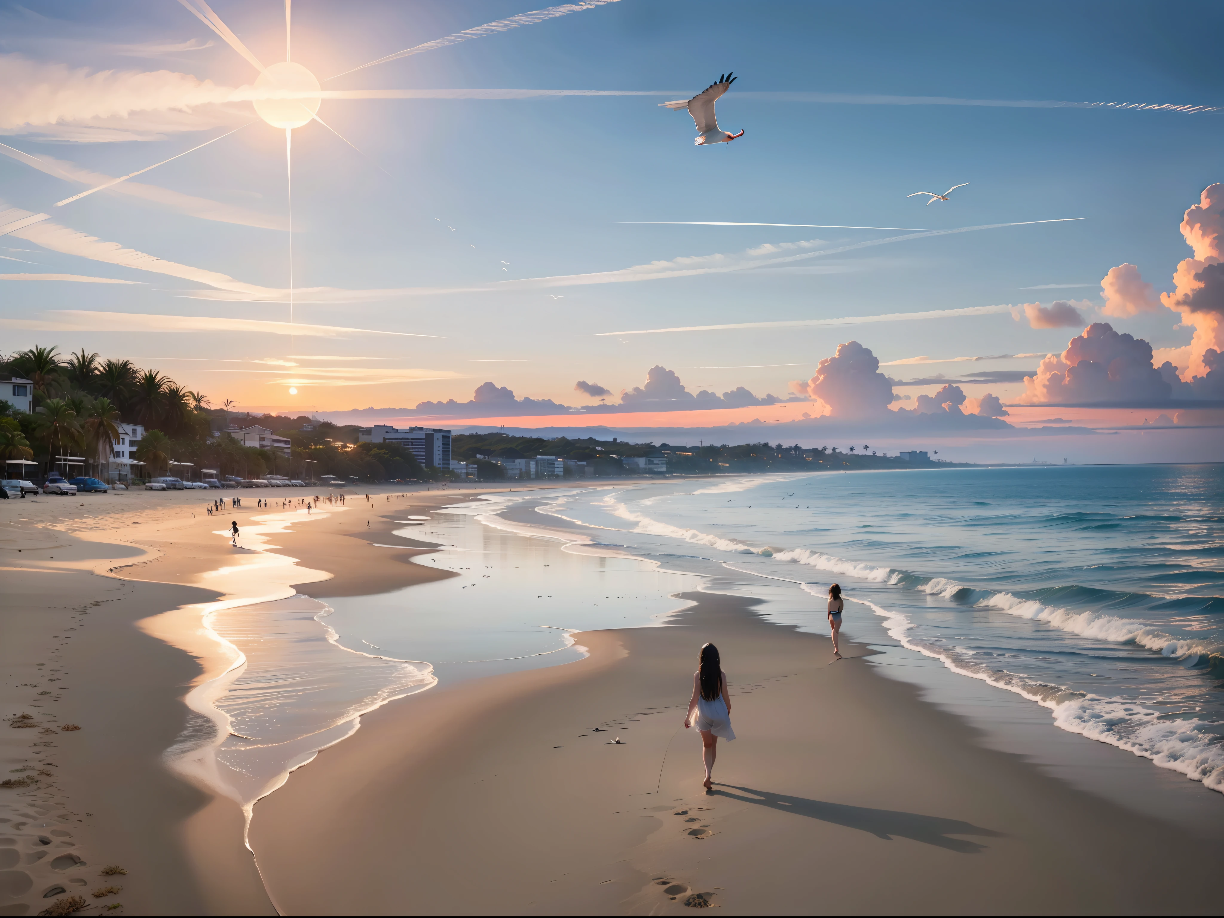 (((Surreal)))、(((hight resolution)))、(in 8K)、 (((ighly detailed)))、(top-quality、​masterpiece:1.3)、((sharpnes))、ciinematic light、Full view、the beach、White sandy beach、Girl Walking On The Beach、Distant horizon、Distant waves、Flying birds、Into the cloud、Bright sun、The sun rises high、Mid summer、From a bird's-eye view
