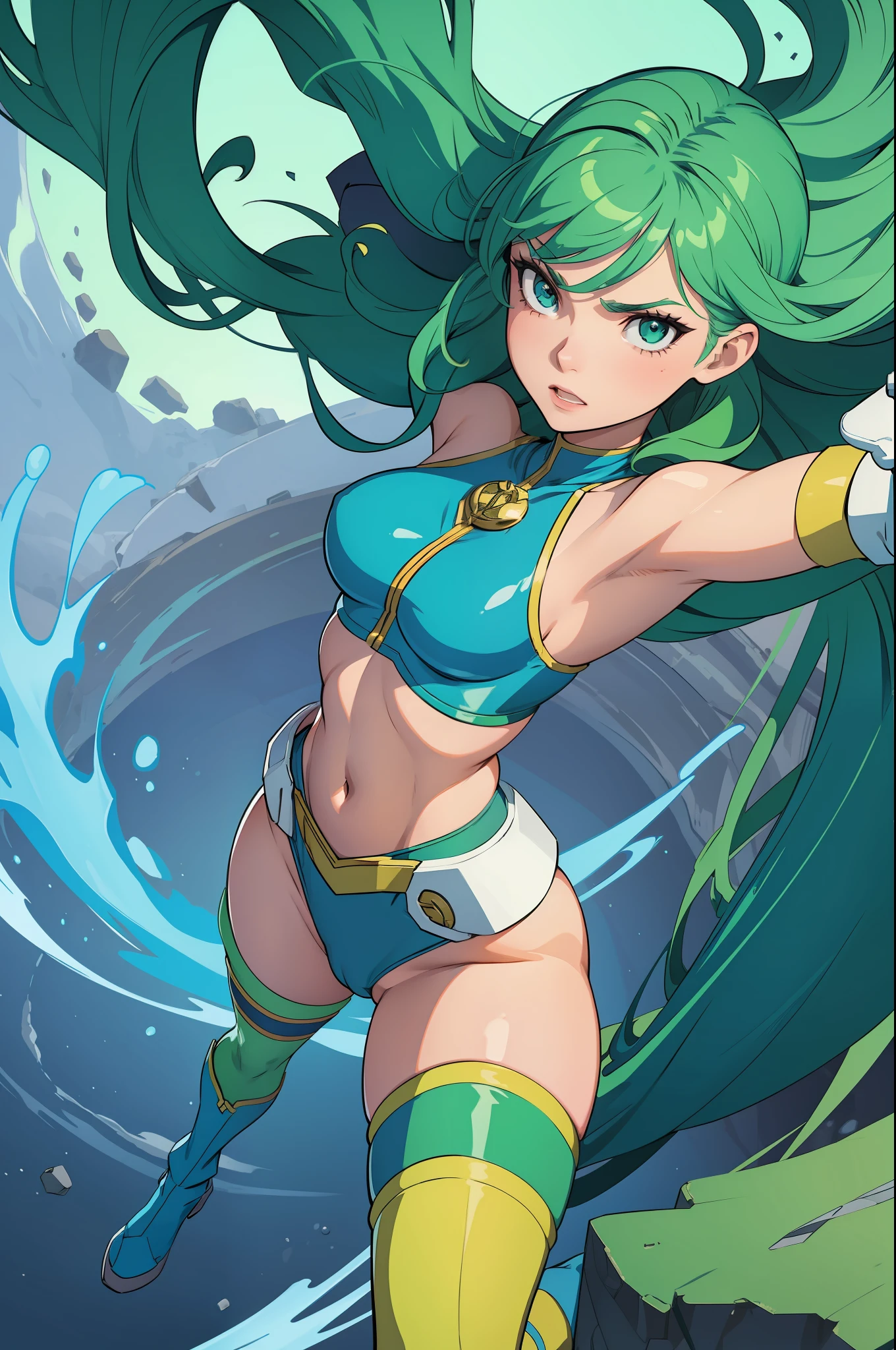 female captain planet, leotard, midriff, green hair, gloves, boots, bare legs