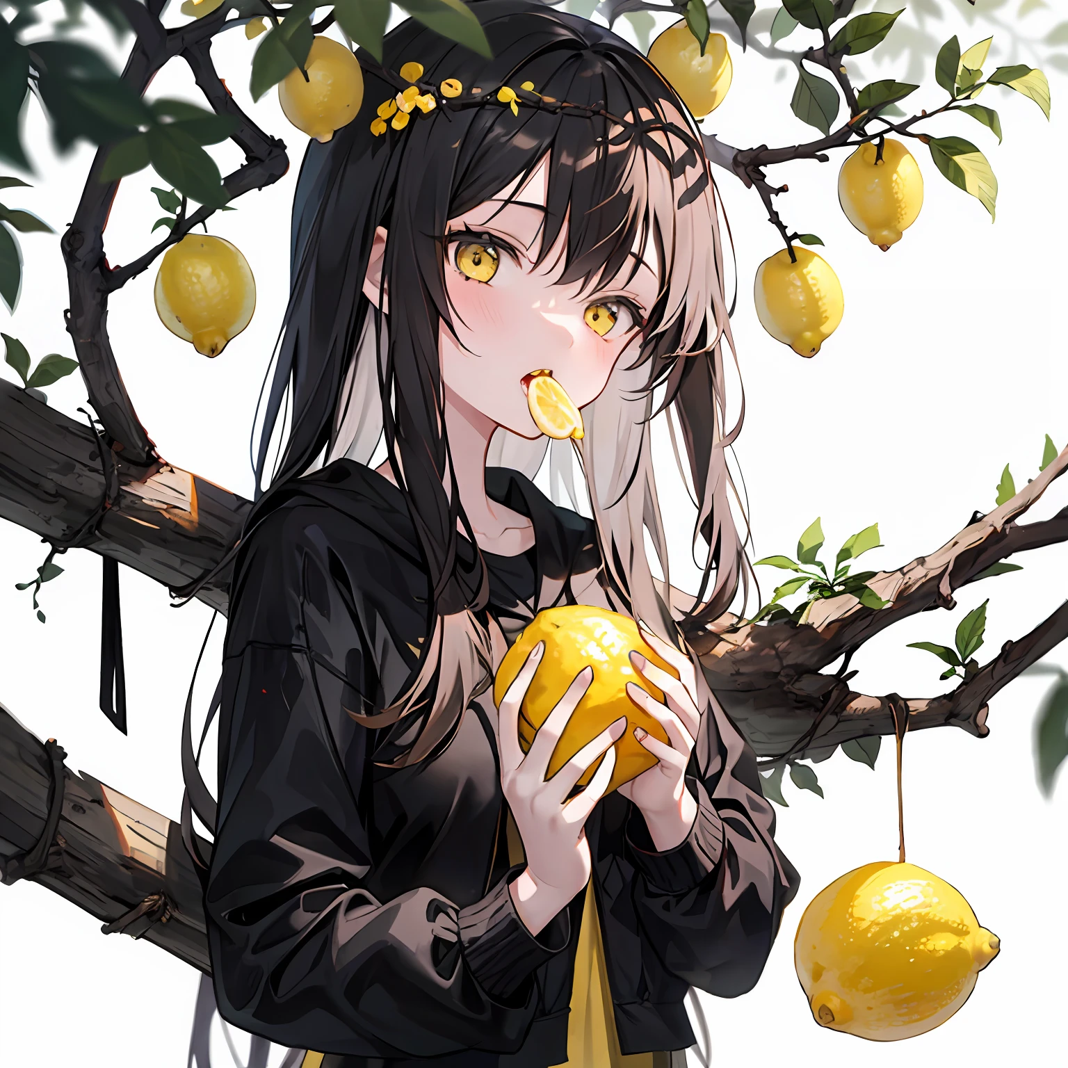lemon tree,1girl,tree branch on head,wooden hands,branch,fractral,eat