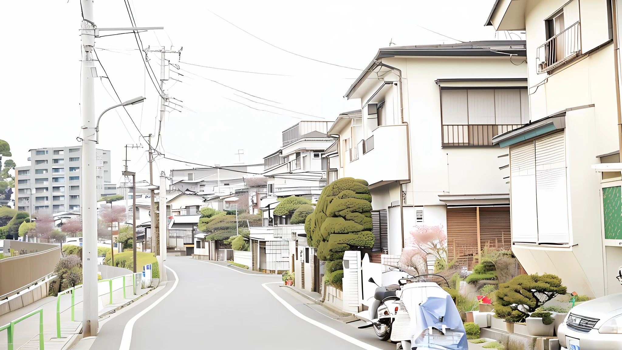 A motorcycle is parked on the side of the road, Residential area, japanese neighborhood, japanese street, Tokyo - esque town, Houses and roads, japanese rural town, japanese town, rural japan, countryside in japan, taken with sigma 2 0 mm f 1. 4, Japanese houses, photograph of the city street, in a suburb, japanese city, Suburbia Street