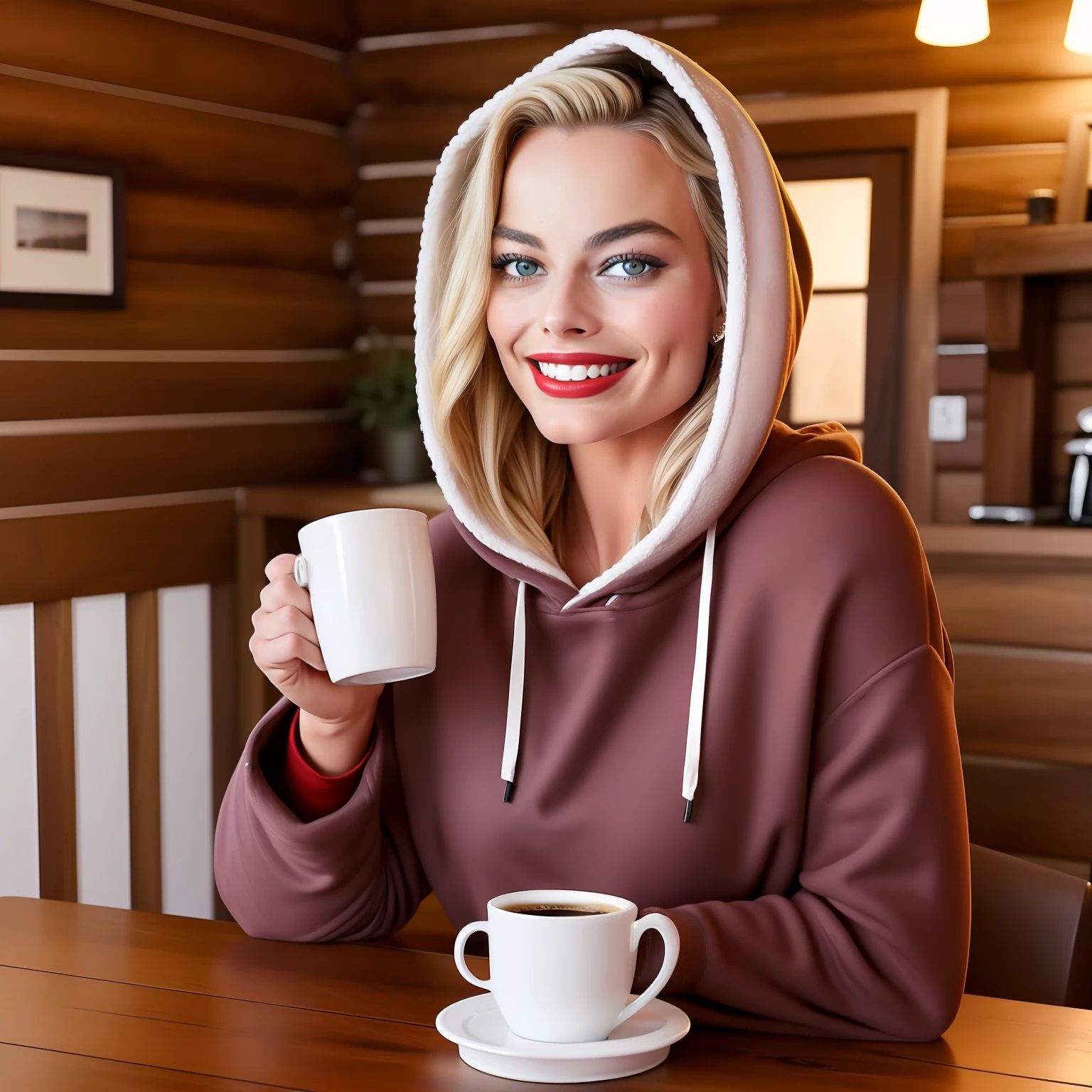 Margot robbie, cute, beautiful eyes, cozy, cabin, hoodie, sleeves over hands holding coffee, looking at viewer, red lipstick, smile