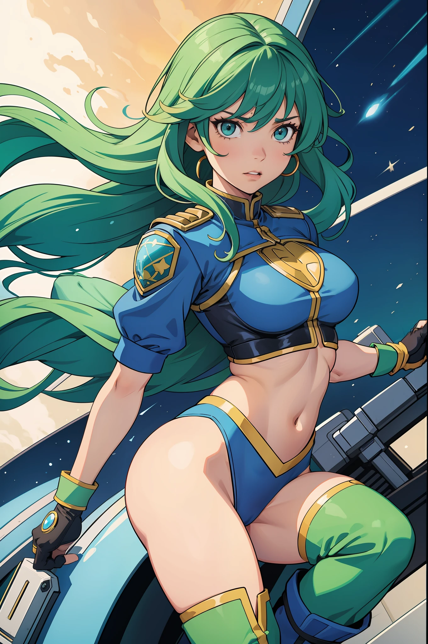 female captain planet, leotard, midriff, green hair, gloves, boots, bare legs