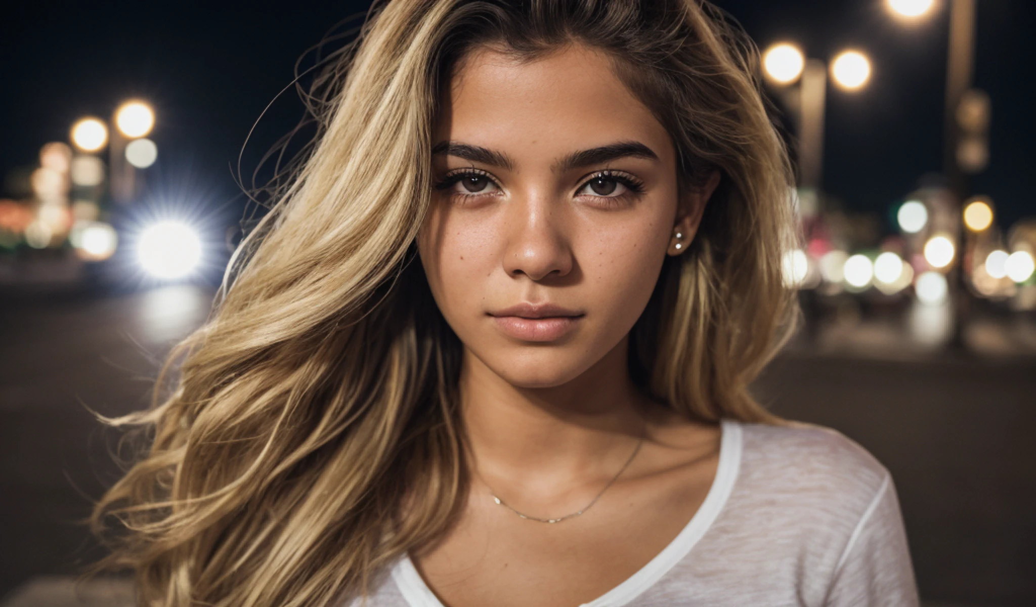 RAW photo, a portrait of a 20-year-old Brazilian woman in casual clothes, blonde, night, city street, (highly detailed skin: 1.2), 8k uhd, dslr, soft lighting, high quality, film grain, Fujifilm XT3