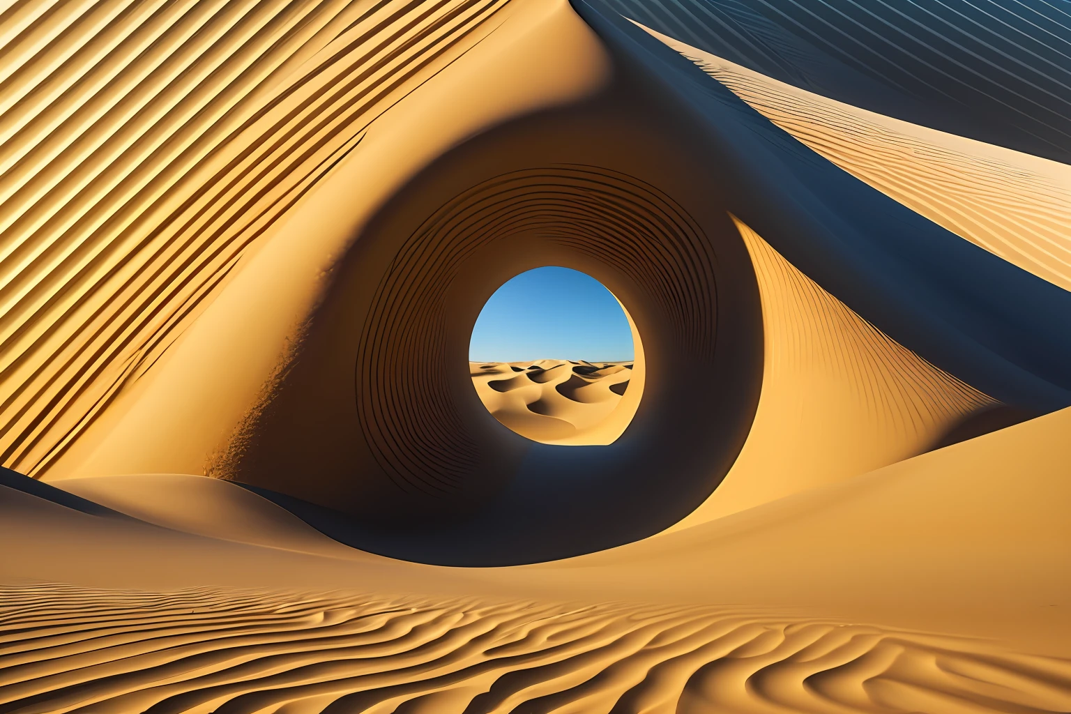Hyper realistic photography, Abstract hypnotic illusion of dunes in desert with gold sand over gold variation of gold colors --auto --s2