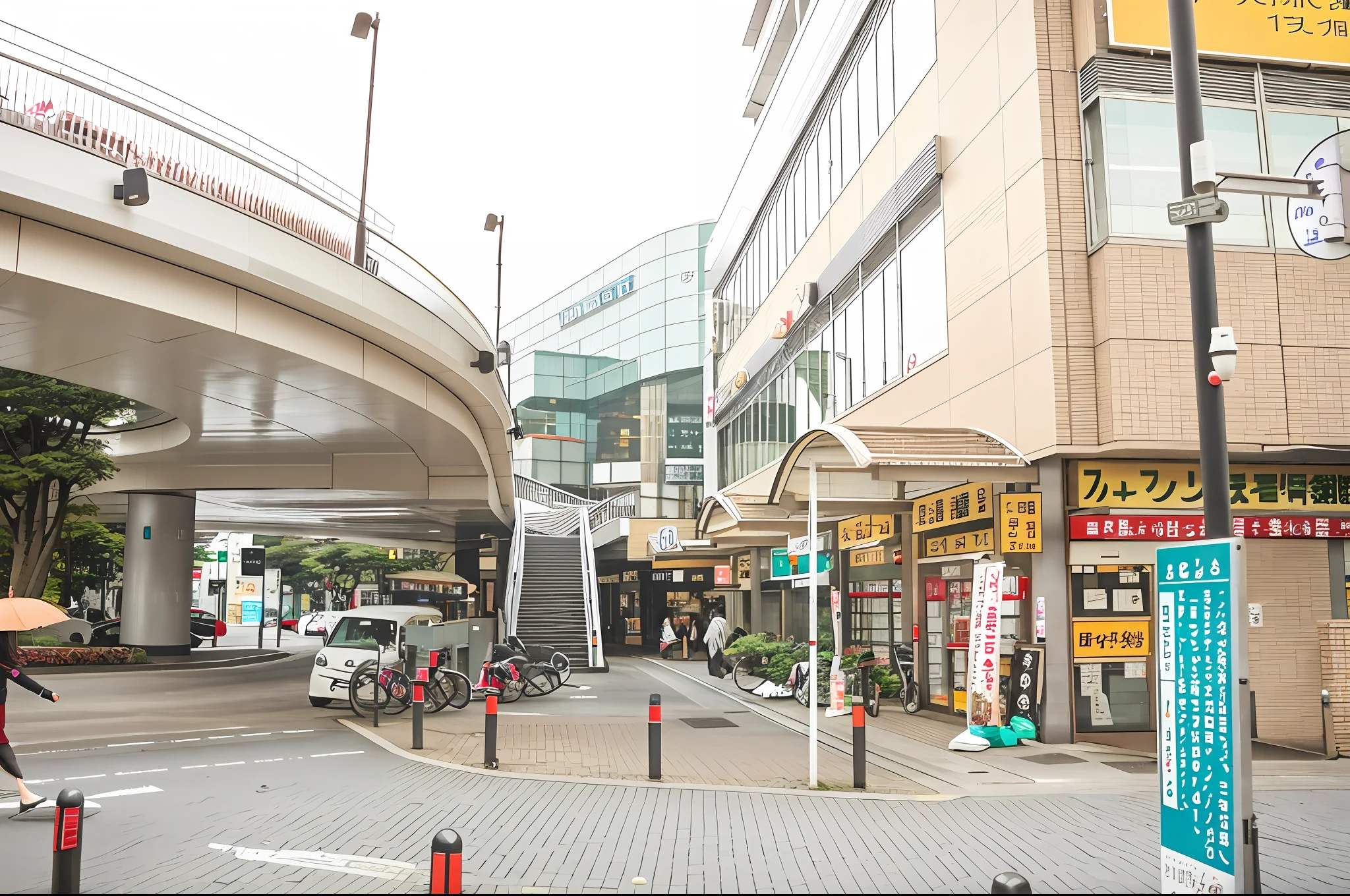 there is a woman walking down the street holding an umbrella, street level view, street corner, japanese downtown, 2 4 mm iso 8 0 0 color, 2 4 mm iso 8 0 0, taken with sigma 2 0 mm f 1. 4, from street level, set in tokyo bank parking lot, ground - level view, ground-level view