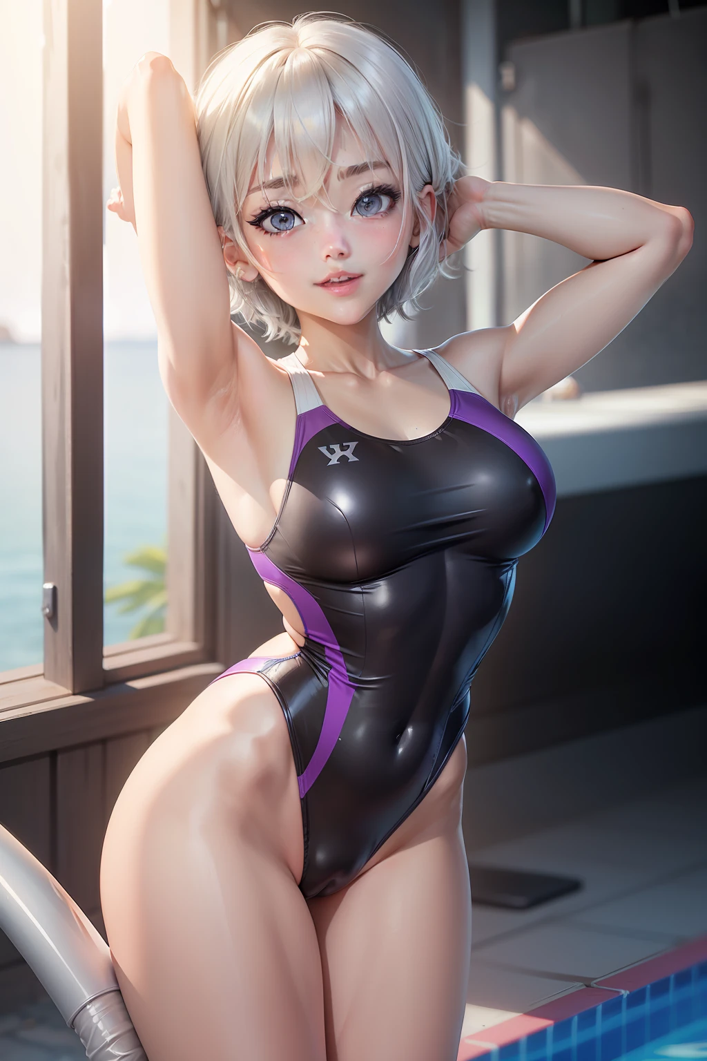 swimsuit、competition_swimsuit、one-piece_swimsuit、rating:safe、1boy、shoun、Beautiful Boys、Handsome、Junior high school boys、short_hair、blurry、black_swimsuit、blue_swimsuit、purple_swimsuit、depth_of_field、solo、blue_eyes、looking_at_viewer、pool、silver_hair、grey_hair、white_hair、cowboy_shot、highleg_swimsuit、blurry_background、armpits、anastasia_(idolmaster)、smile、standing、arms_behind_head、highleg、open_mouth、arms_up、coverd_penis、erection_penis、coverd_testicles、flat_breasts、flat_chest、coverd_nipples、erection_nipples、collarbone、covered_navel、hair_between_eyes、blush、fence、thighs、bangs、bare_shoulders、bare_leg、