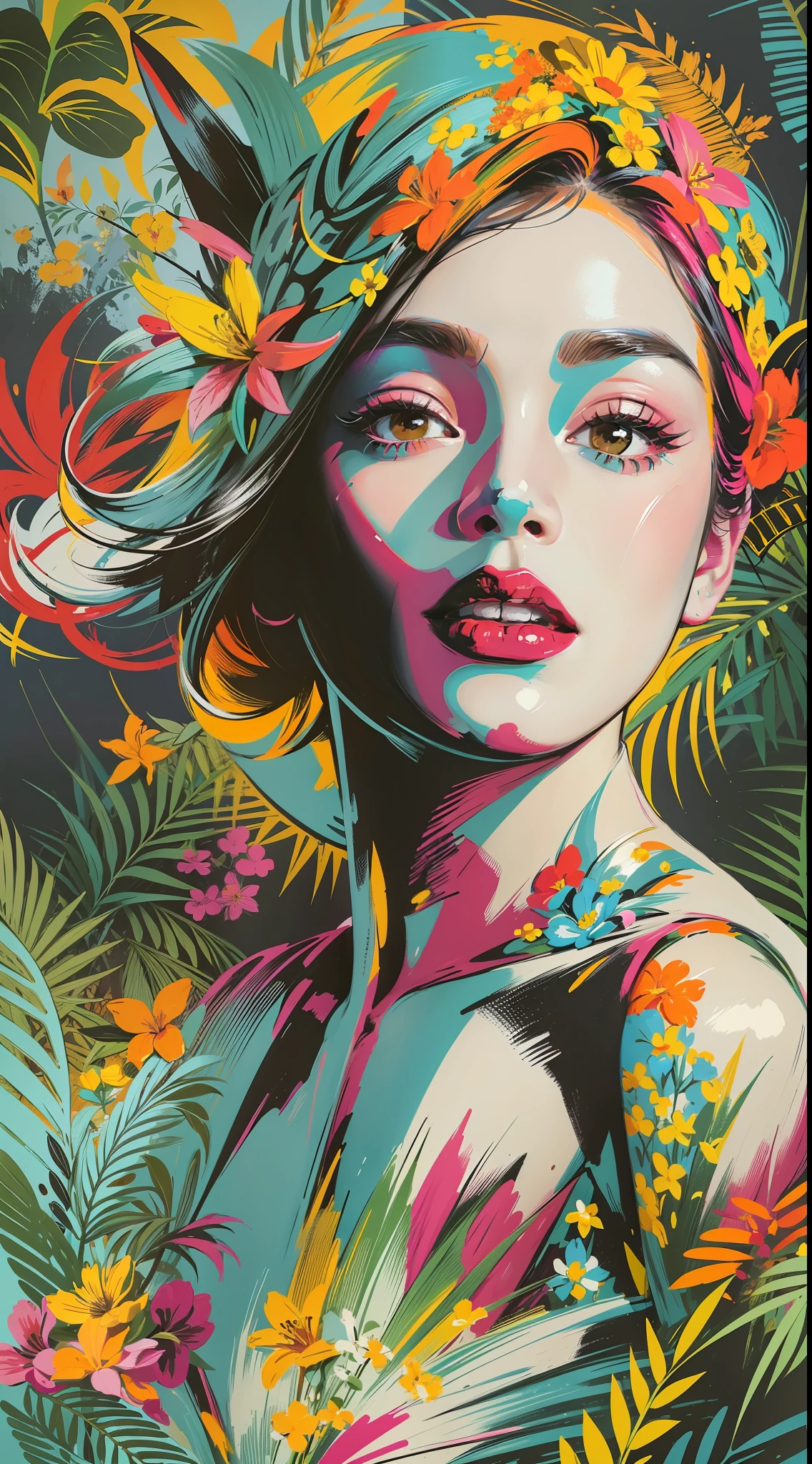 Create a digital art work in pop art style, featureing a vibrant and confident woman with bold makeup and colorfull fashion, cinematic color scheme, surrounded by vintage flowers patterns, energtic brushstrokes,the mood should be dynamic, upper body, drawing, illustration, grayscale, tropical, adubon fruits, adubon plants, many flowers, vector, painting oil