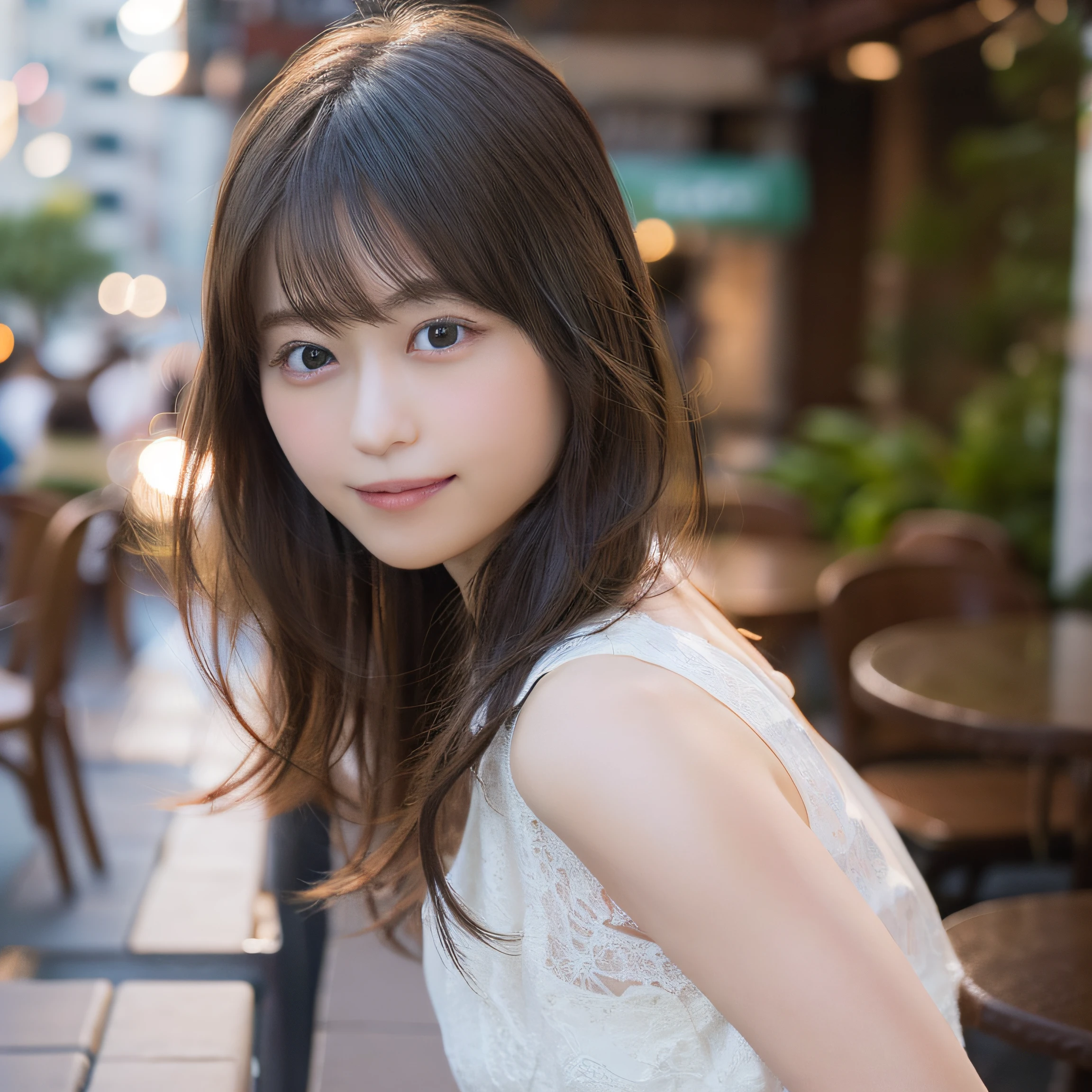 8K,Best Quality, 超A high resolution, (Photorealistic:1.4), Raw photo, (upper thigh:1.3, From Side:1.1), (Bokeh:1.4), (in a suite),Waterside Cafe, 1日本人の女の子, Cute, (Solo:1.6), (Shy smile), (Black eyes:1.2), Smooth skin, (Brown medium hair,Bangs), (touch hair:1.4),nogizaka,a park,Fashionable clothes、full bodyesbian:1.3、Supple fingers、