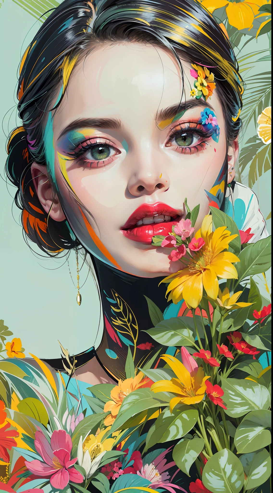 Create a digital art work in pop art style, featureing a vibrant and confident woman with bold makeup and colorfull fashion, cinematic color scheme, surrounded by vintage flowers patterns, energtic brushstrokes,the mood should be dynamic, upper body, drawing, illustration, grayscale, tropical, adubon fruits, adubon plants, many flowers, vector, painting oil