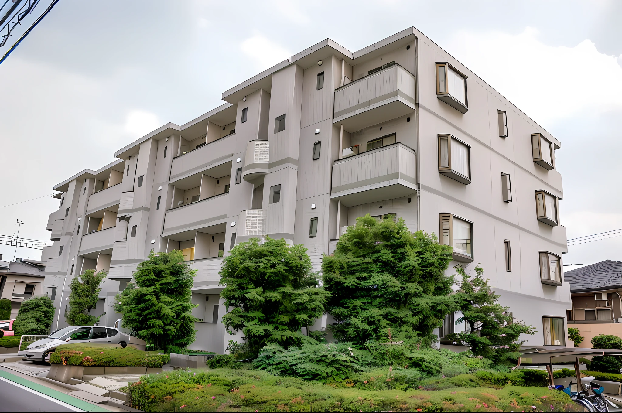There is a tall building.、There are many windows on its sides, full building, Residential area, outside view, building facing, single building, image in center, in a japanese apartment, Outside view, view from the street, front-facing view, Concrete housing, toyko, Empty buildings with vegetation, full device, exterior, taken in the early 2020s
