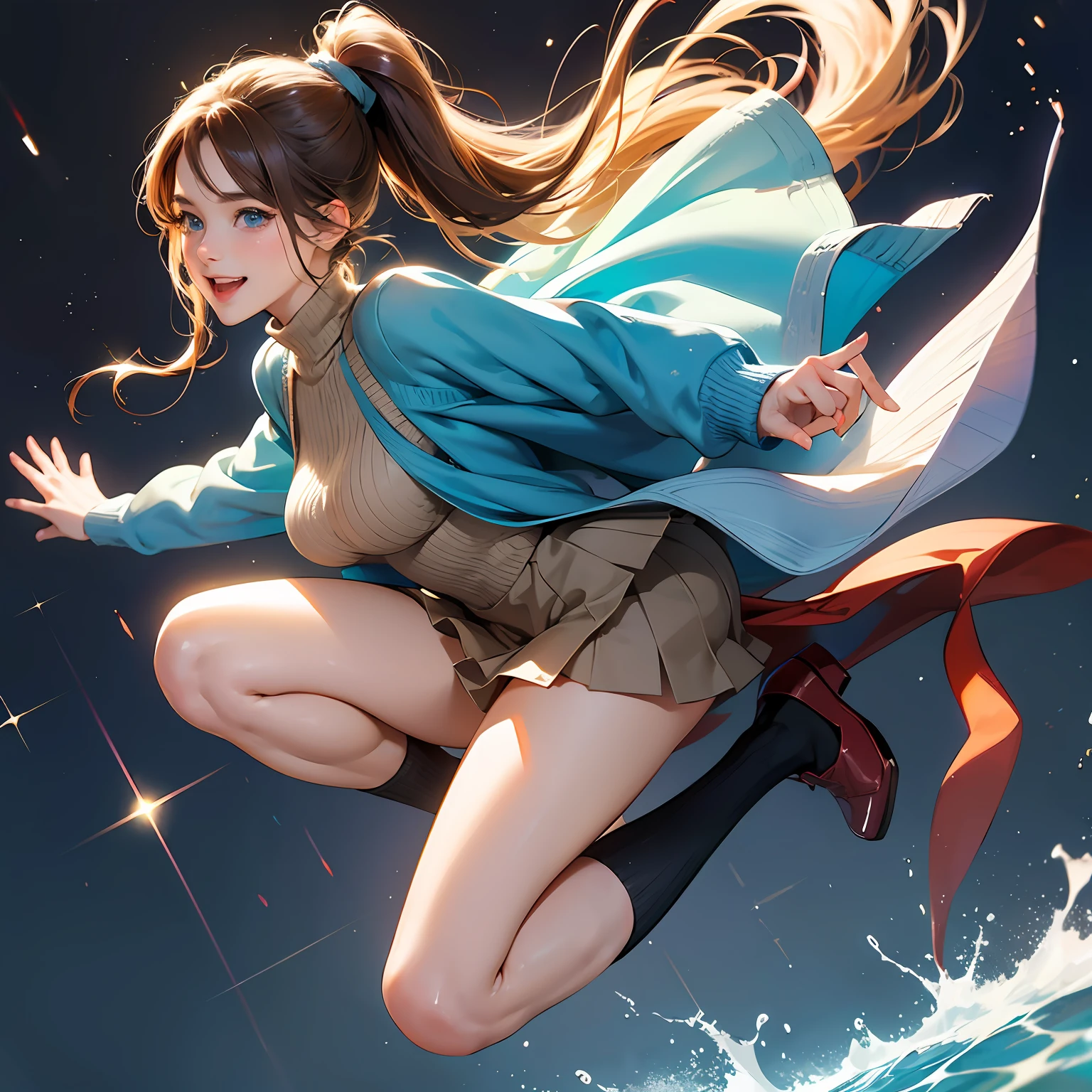 high image, super detail, high resolution, anime, manga, illustration, black knee high socks, thighs, beautiful woman, amorous expression, seductive look, laugh like a prankster, happy, shy, alluring moist half open lips, flowing layered messy half-up knitting light brown ponytail hair style, sparkling blue eyes, huge breasts, under boob, great proportion, perfect proportion, slender, full body, knit dress flared mini skirt --auto